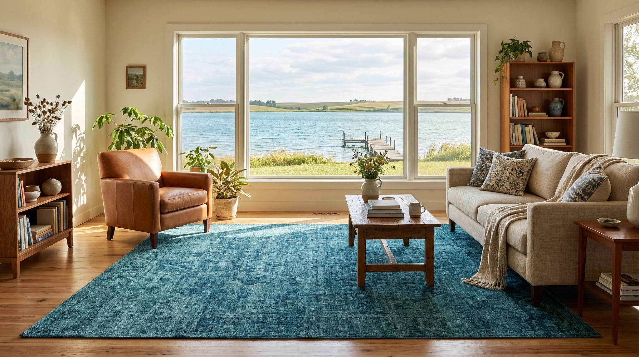 Sunlit living room window overlooking a calm Iowa lake, grassy shore and wide prairie sky