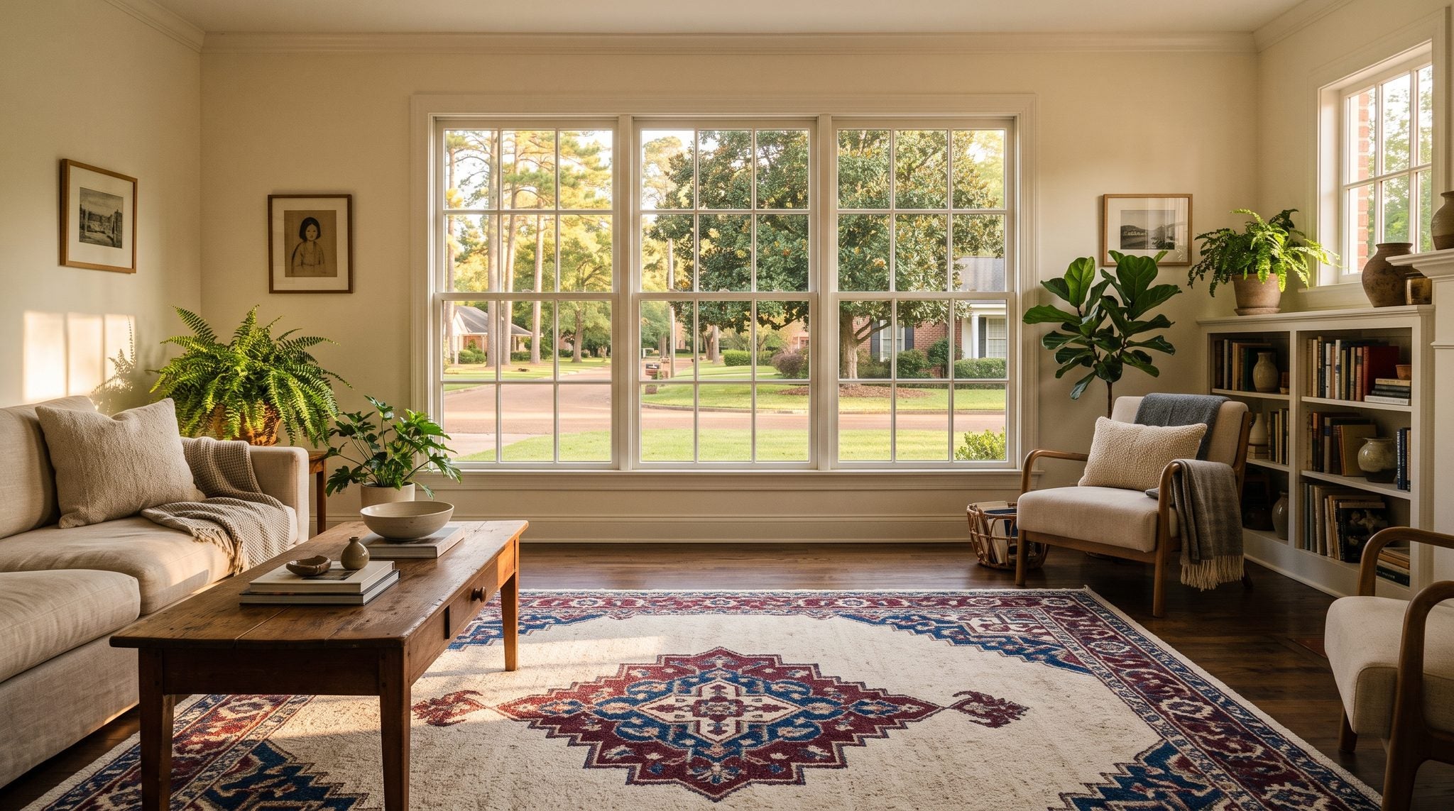 Sunlit living room window overlooking tall pines, magnolias and a quiet street in Meridian, Mississippi