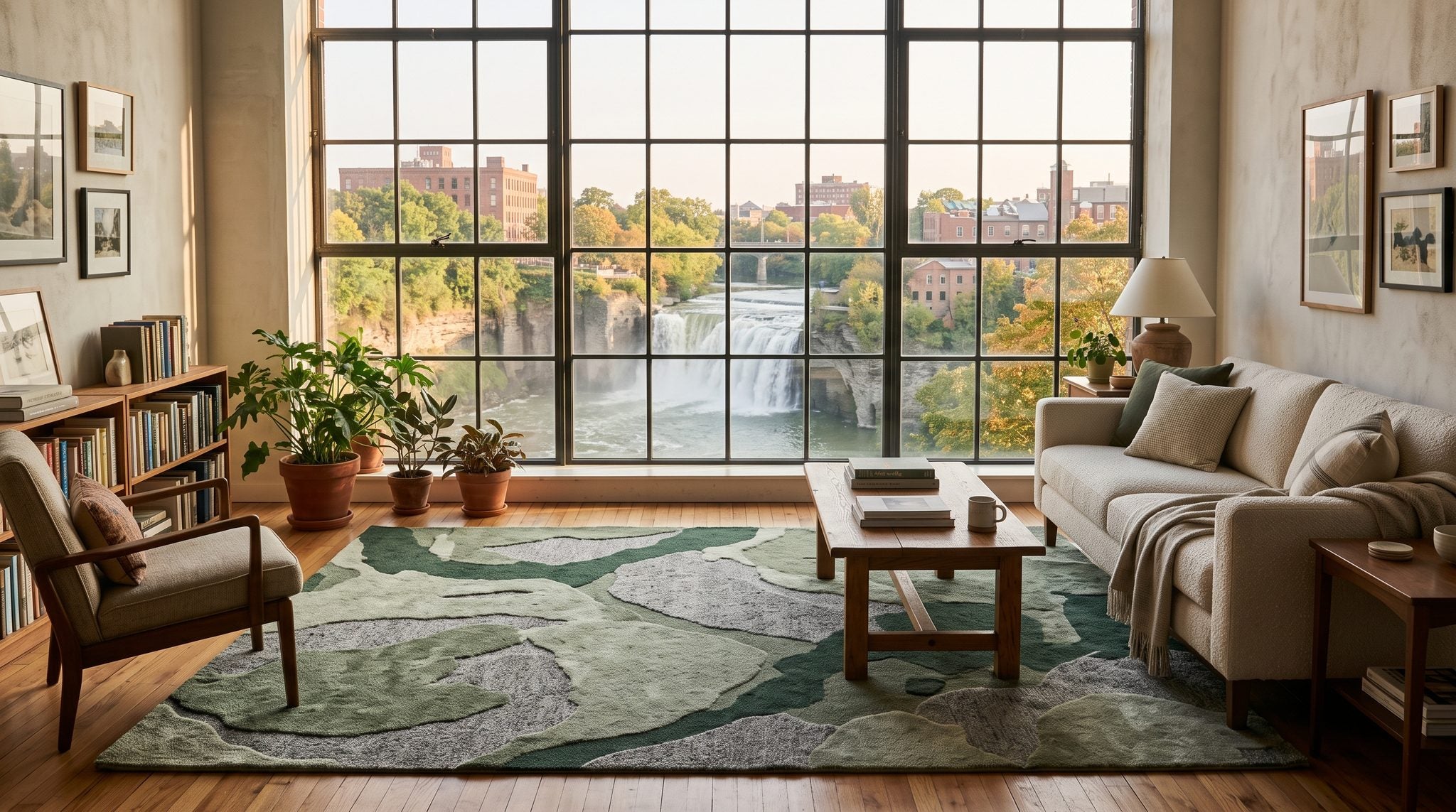 Sunlit room with a window view of a river waterfall and green trees in Rochester, New York