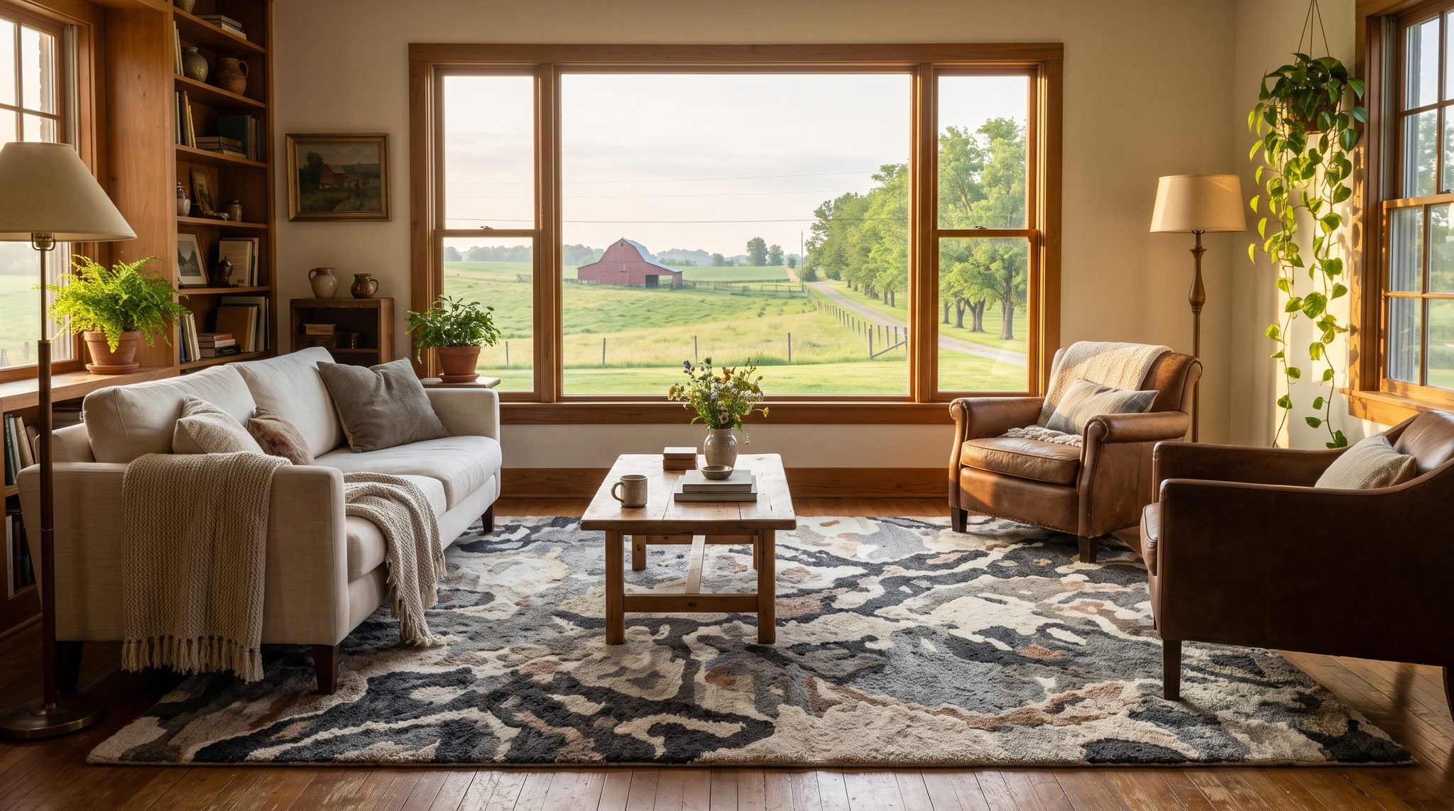 Sunlit room with a window overlooking rolling farm fields and a red barn in Wooster, Ohio