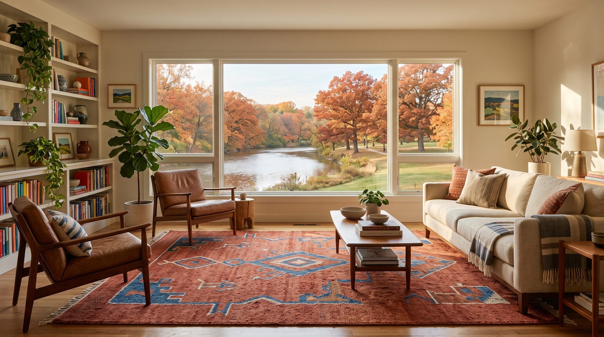 Sunlit room with a window overlooking the Huron River and autumn trees in Ann Arbor, Michigan