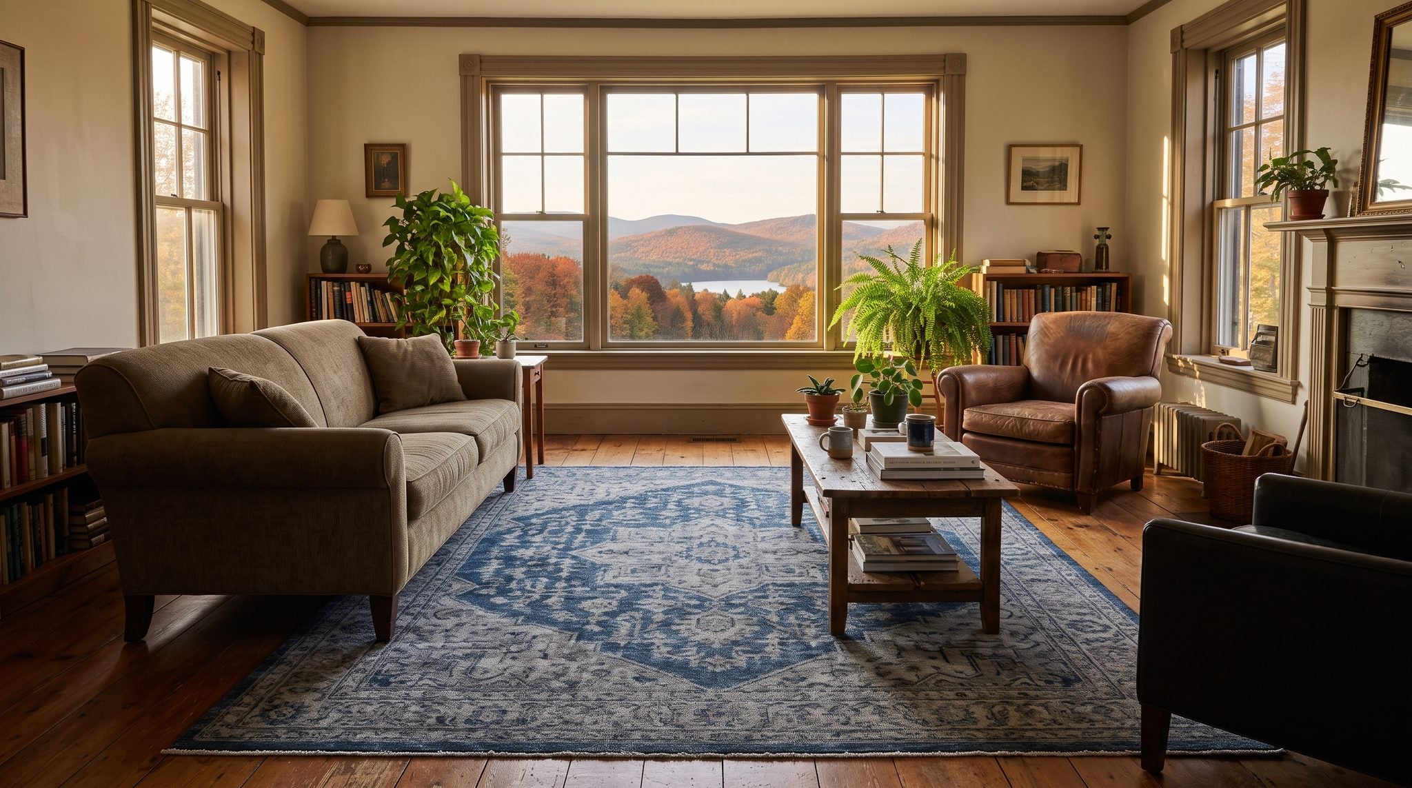 Sunlit living room window overlooking forested Adirondack foothills and a calm lake in autumn light