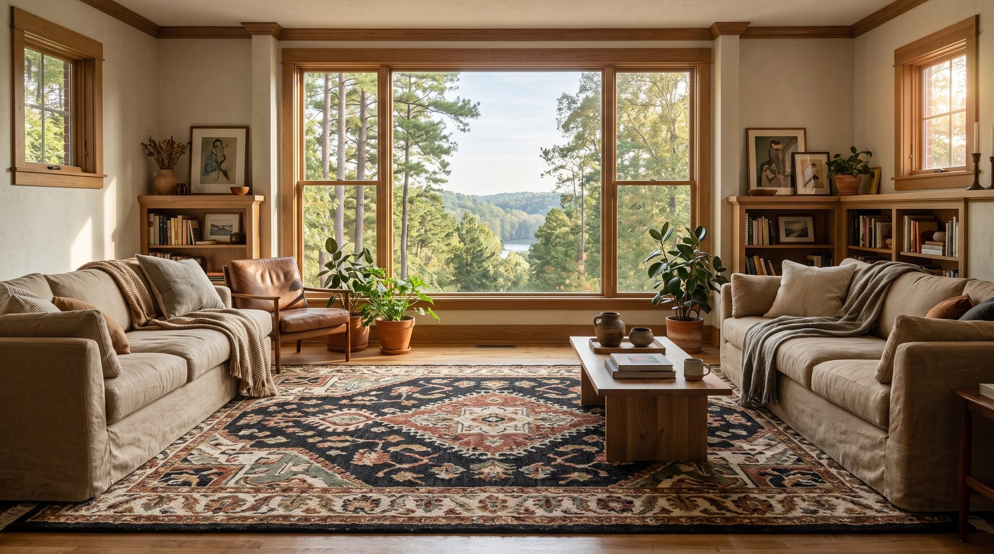 Sunlit living room window overlooking pine forest and rolling hills near the Ouachita River in south Arkansas