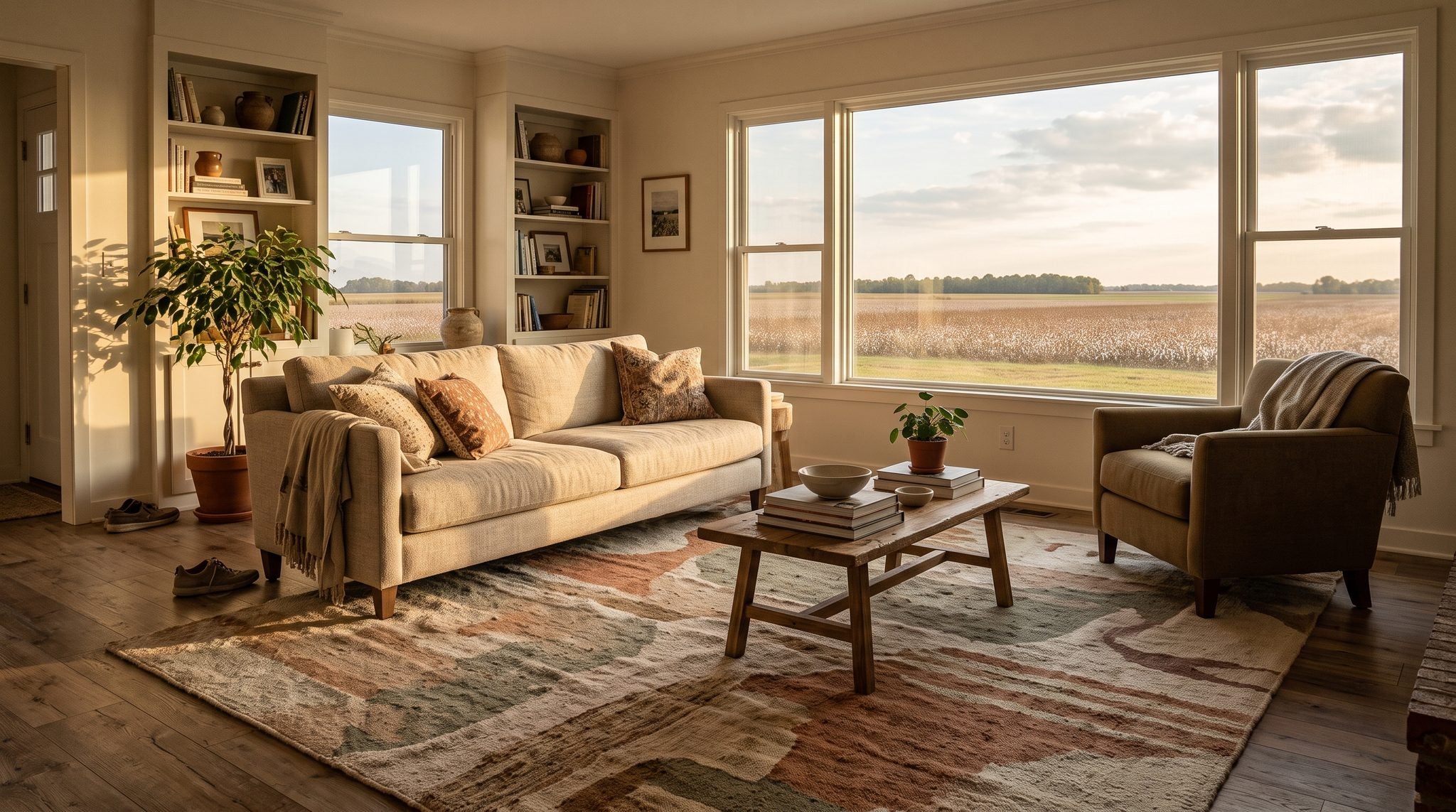 Sunlit living room window looking out over golden Bootheel farmland and a wide Missouri sky near Sikeston