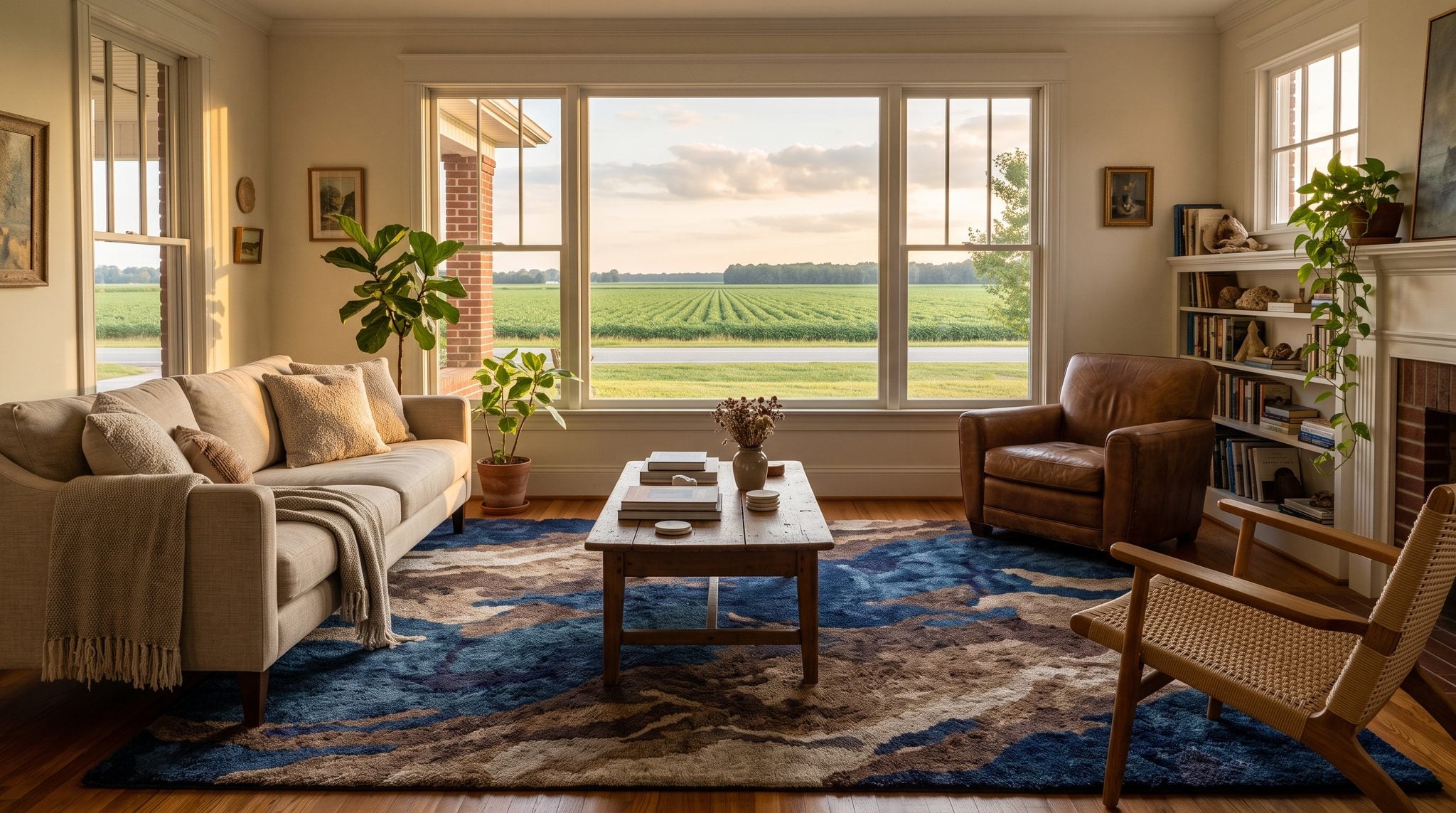Sunlit window view of open eastern North Carolina farmland under a wide golden evening sky