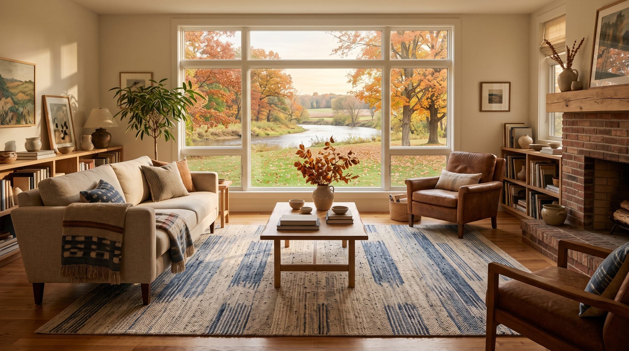 Sunlit living room window overlooking a river and autumn trees in the countryside near Battle Creek, Michigan