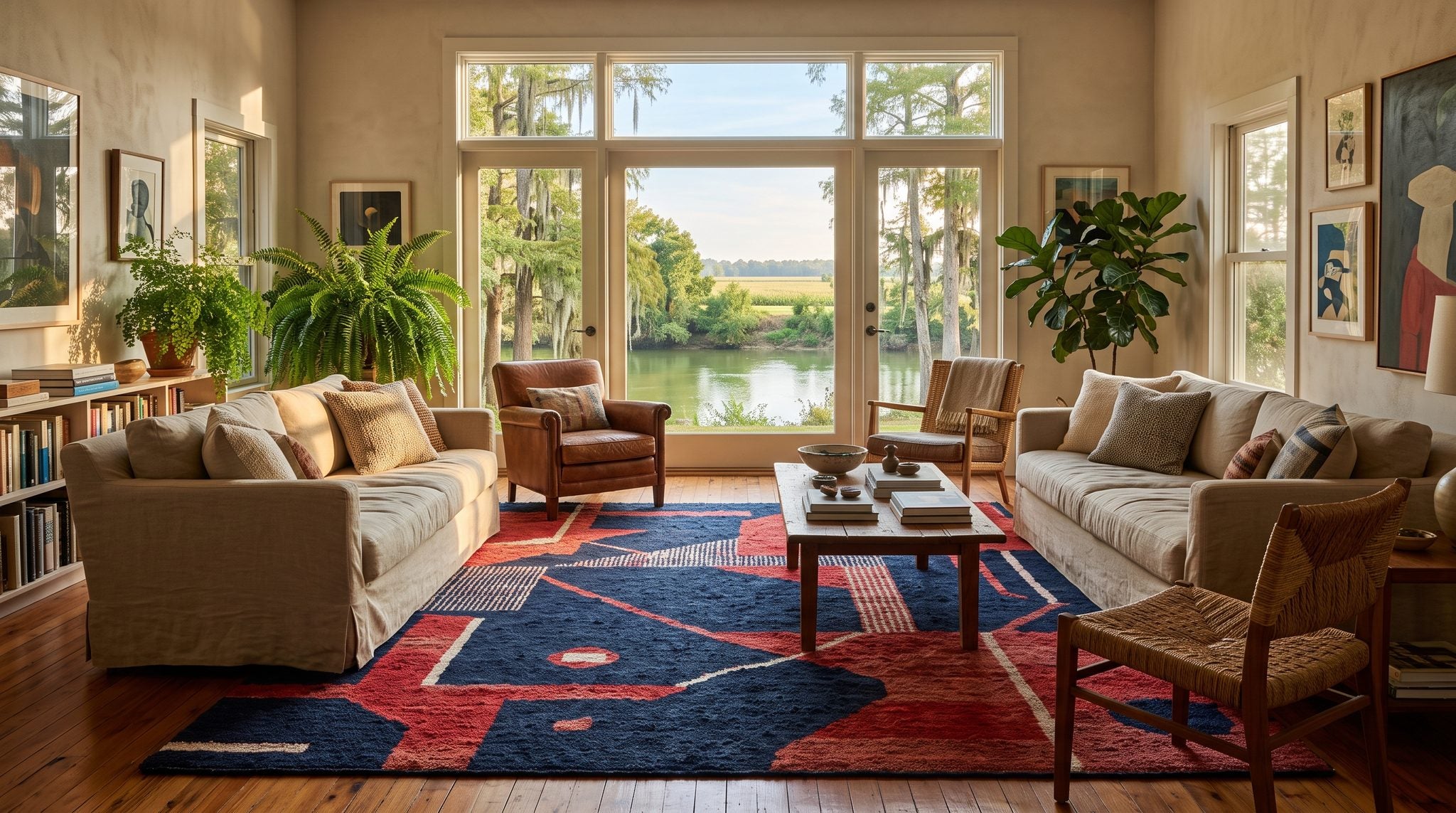 Sunlit room with a window overlooking the Flint River, cypress trees and golden light in southwest Georgia