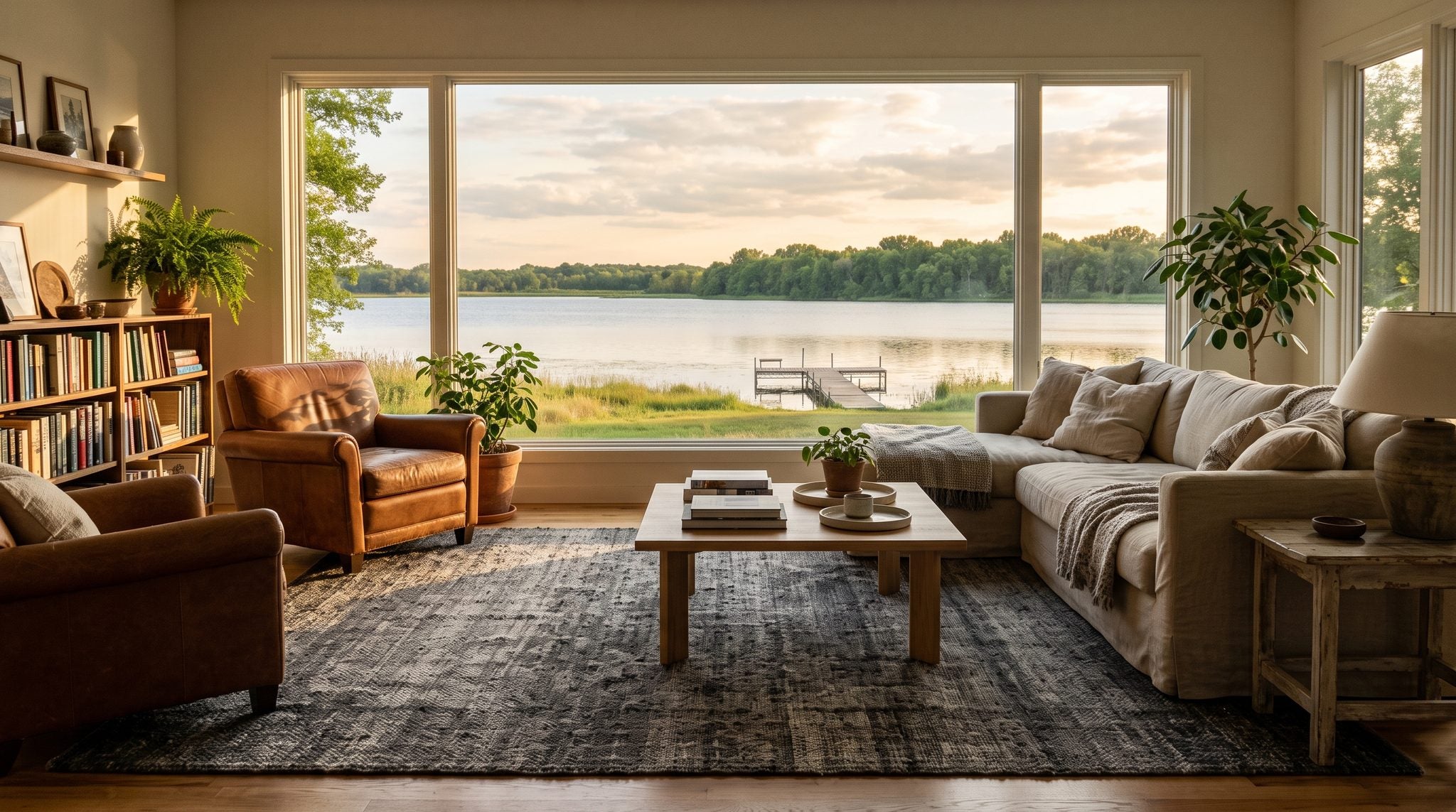 Sunlit living room window looking out over a calm lake and prairie shoreline in west central Minnesota