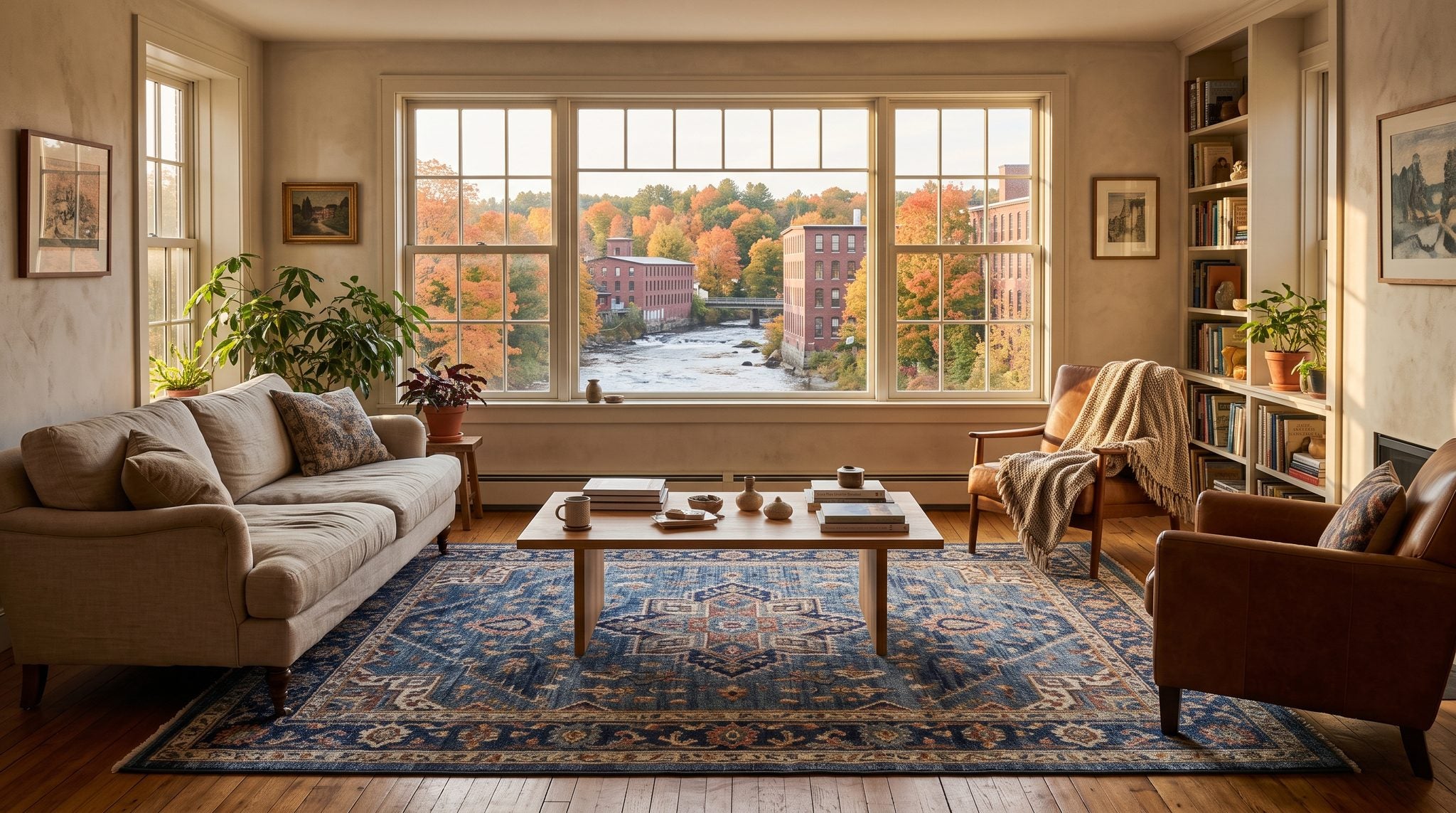 Sunlit window view of a river beside brick mill buildings and autumn trees in Lewiston-Auburn, Maine
