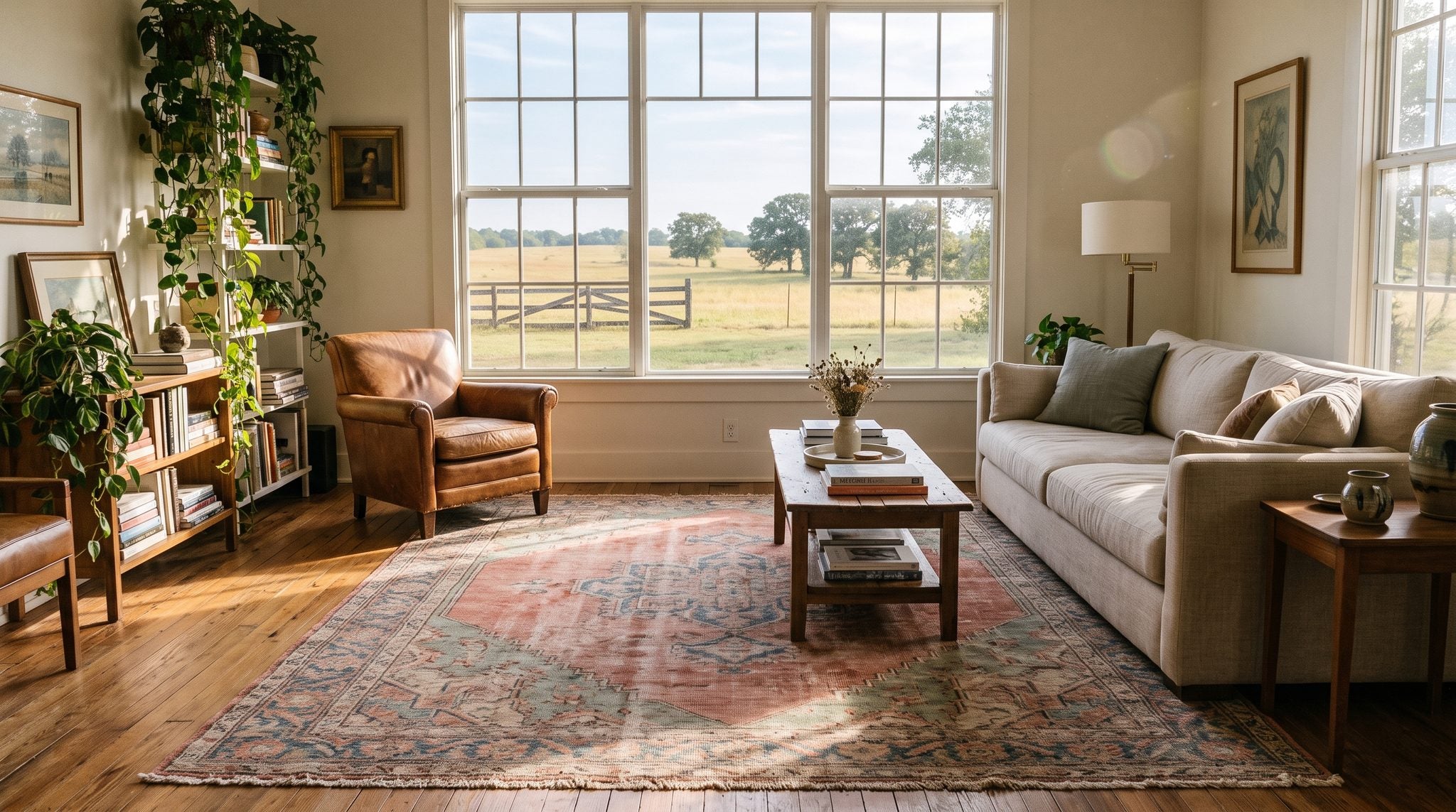 Sunlit room with a window overlooking rolling Texas prairie, fields and trees under a wide morning sky