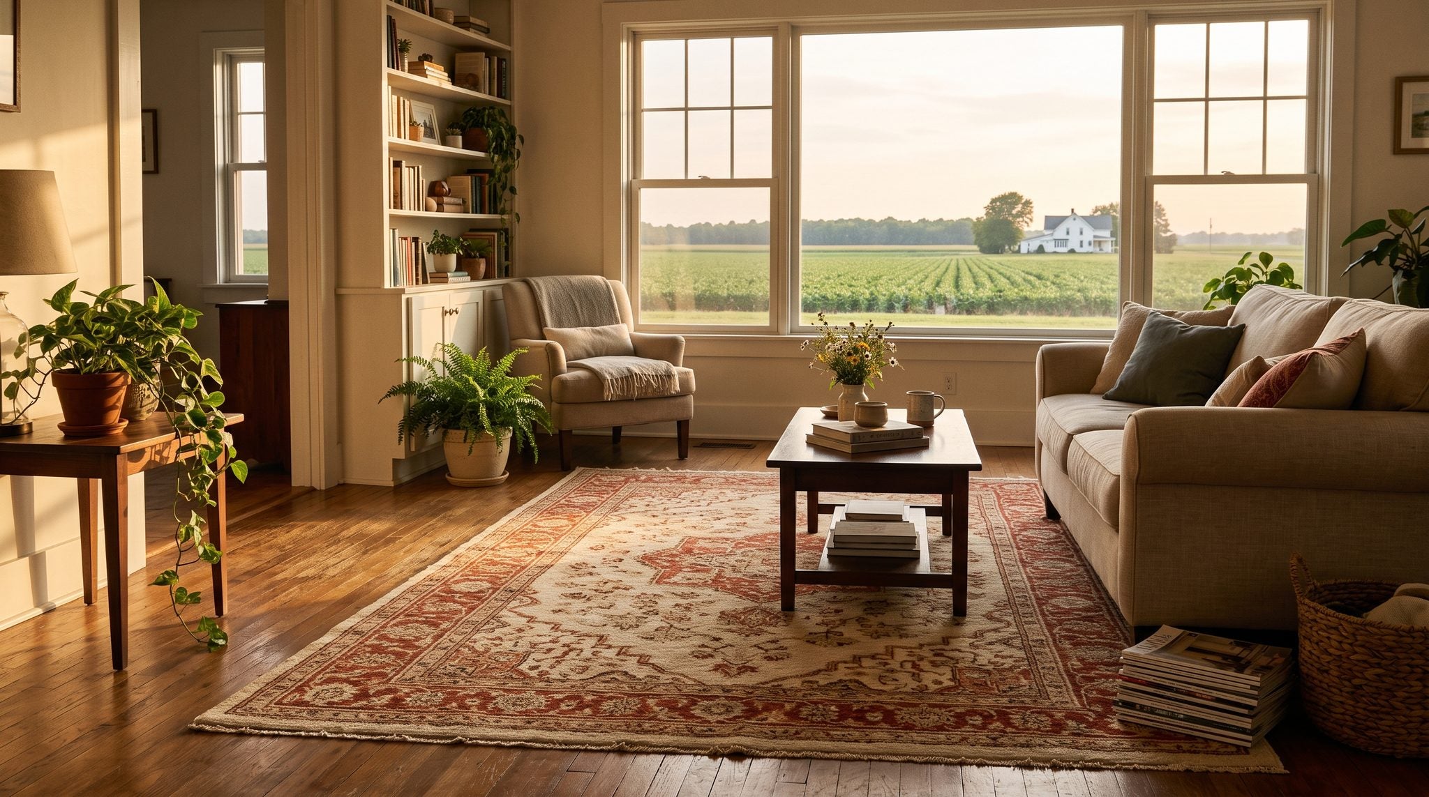 Sunlit farmland and tree line in western Kentucky seen through a living room window at golden hour