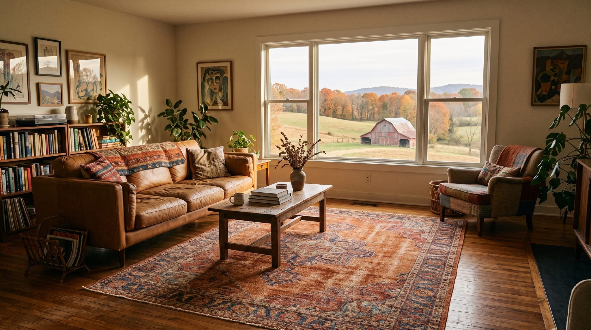 Sunlit room window overlooking rolling Kentucky farmland, a red barn and autumn trees near Glasgow