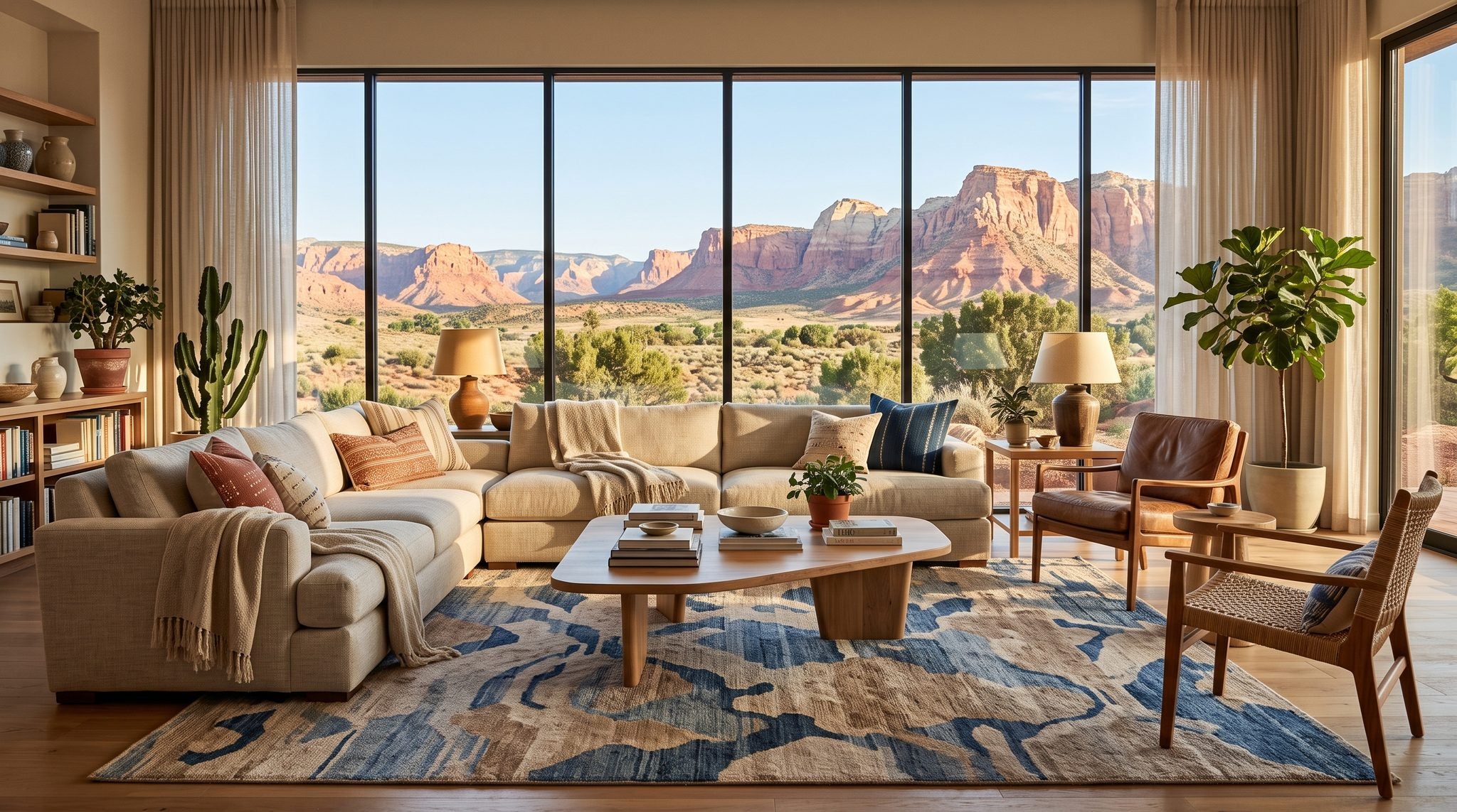 Sunlit living room window overlooking glowing red sandstone cliffs and desert valley near St. George, Utah