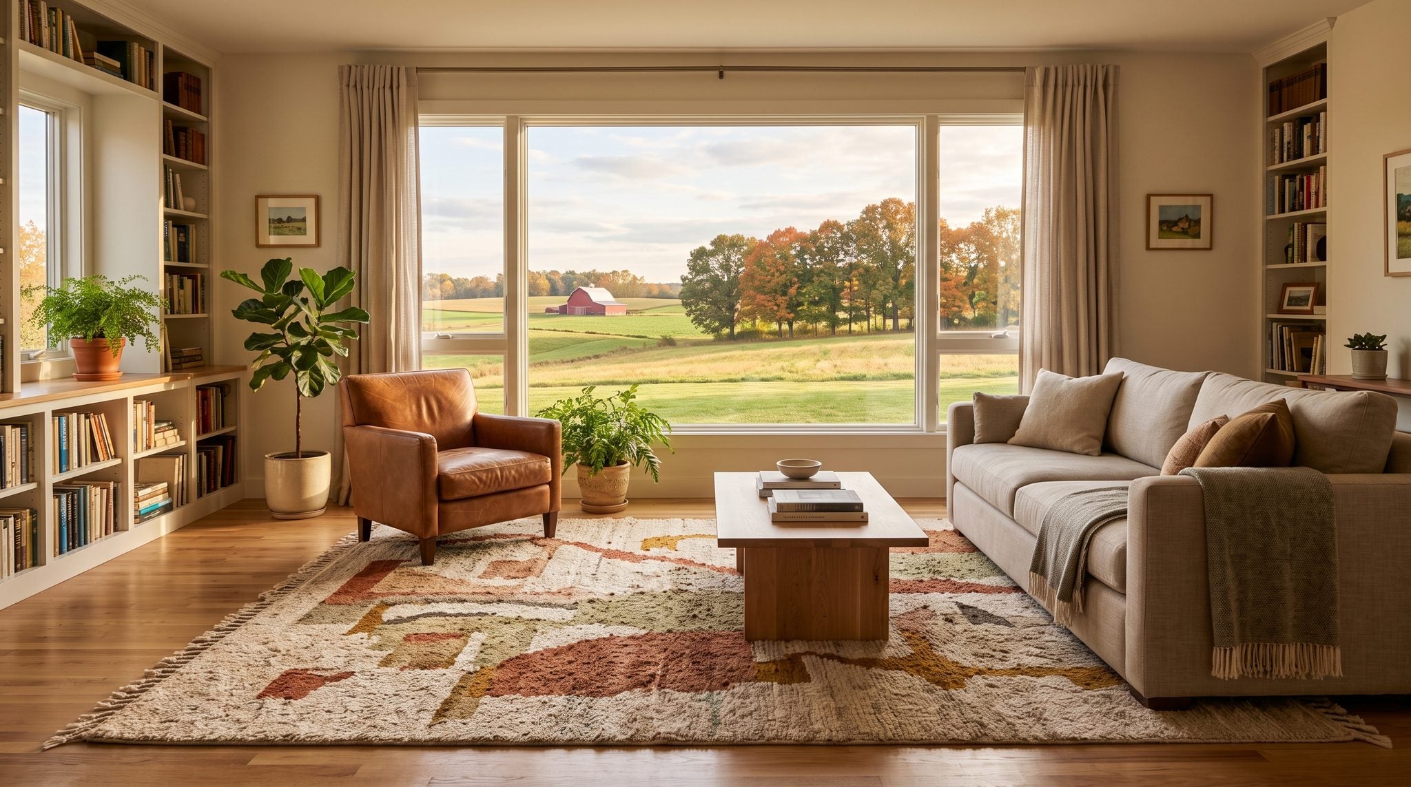 Sunlit living room window overlooking rolling Ohio farmland, red barn and autumn maple trees near Salem