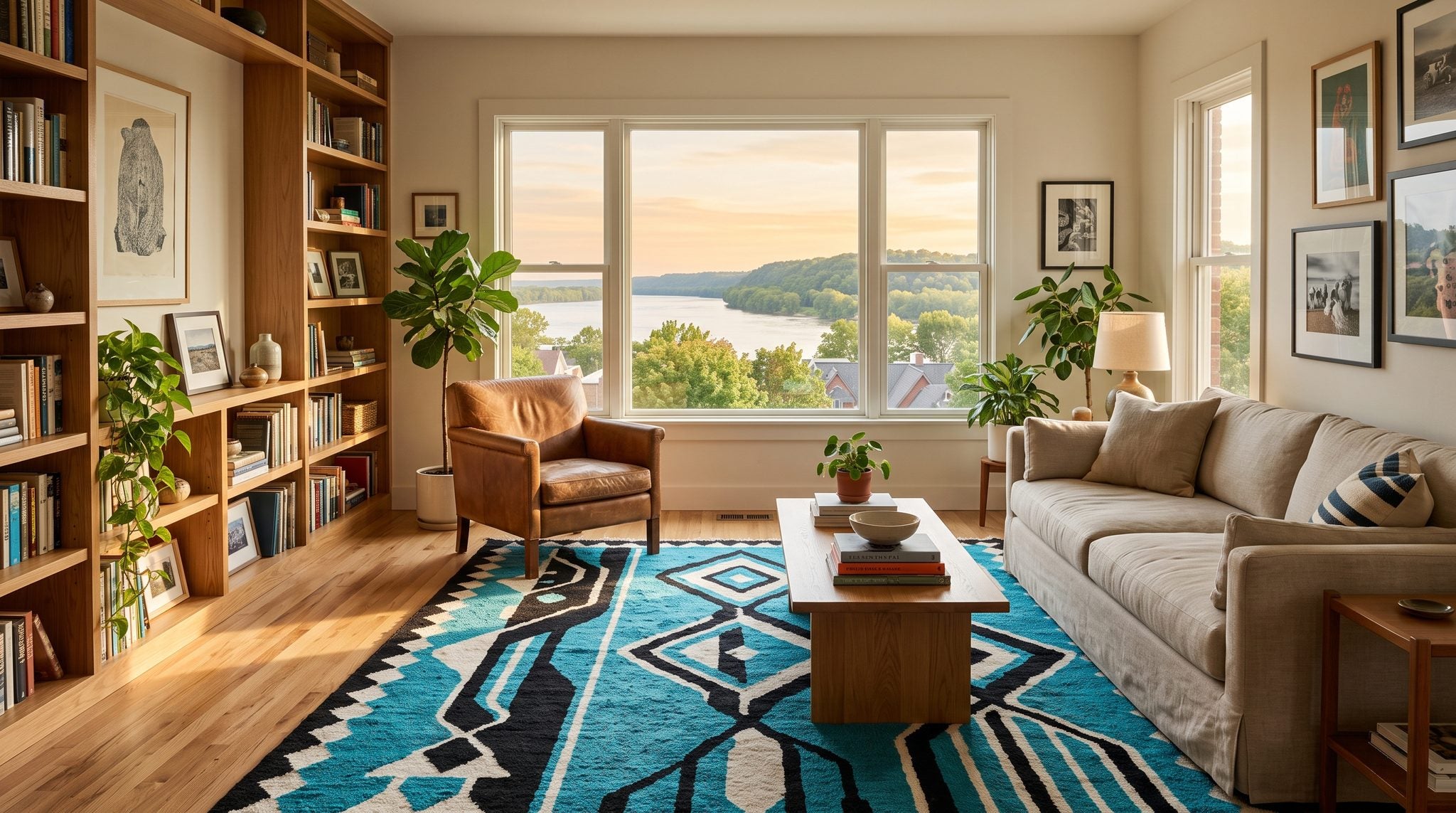 Sunlit room with a window overlooking the Mississippi River and green bluffs near Quincy, Illinois at golden hour