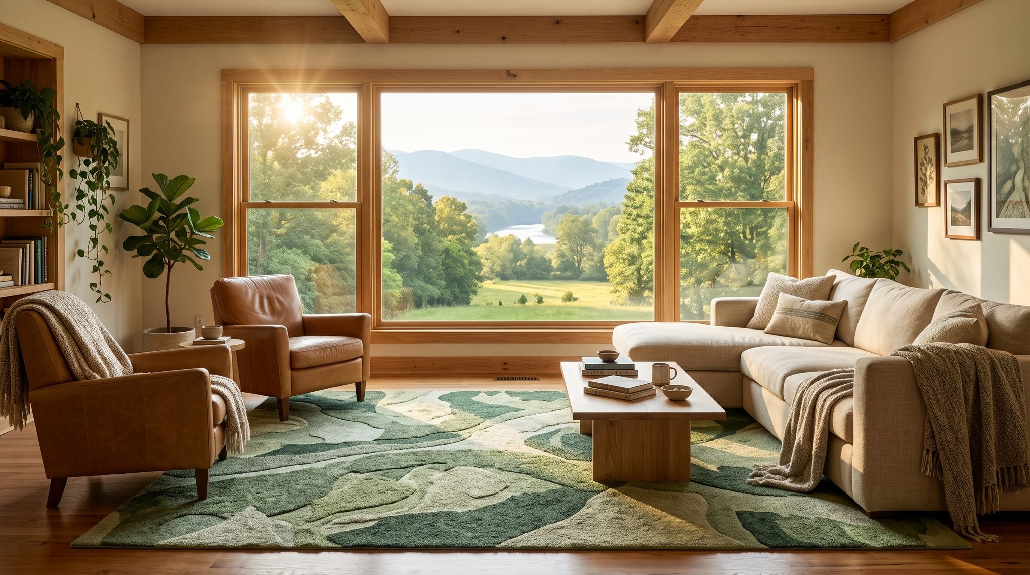 Sunlit window overlooking green foothill pastures, trees and a river with blue ridges beyond in northwest Georgia