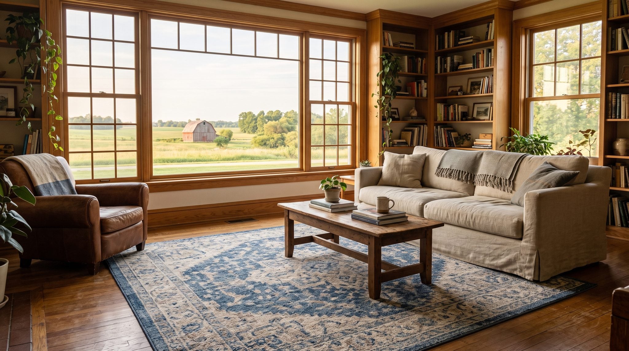 Sunlit living room window overlooking rolling green Ohio farmland under a broad morning sky