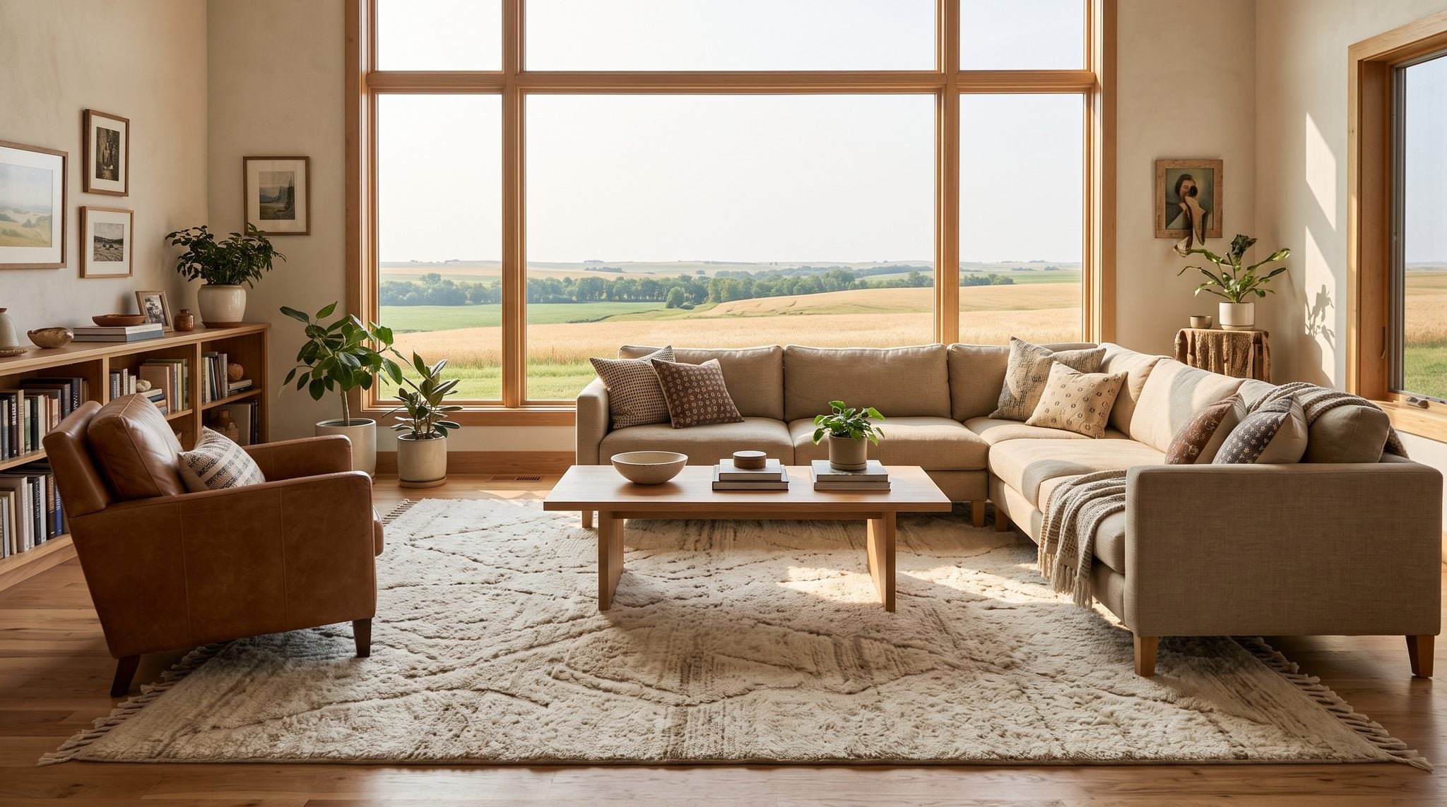 Sunlit window view of golden prairie farmland and open sky near Mitchell, South Dakota