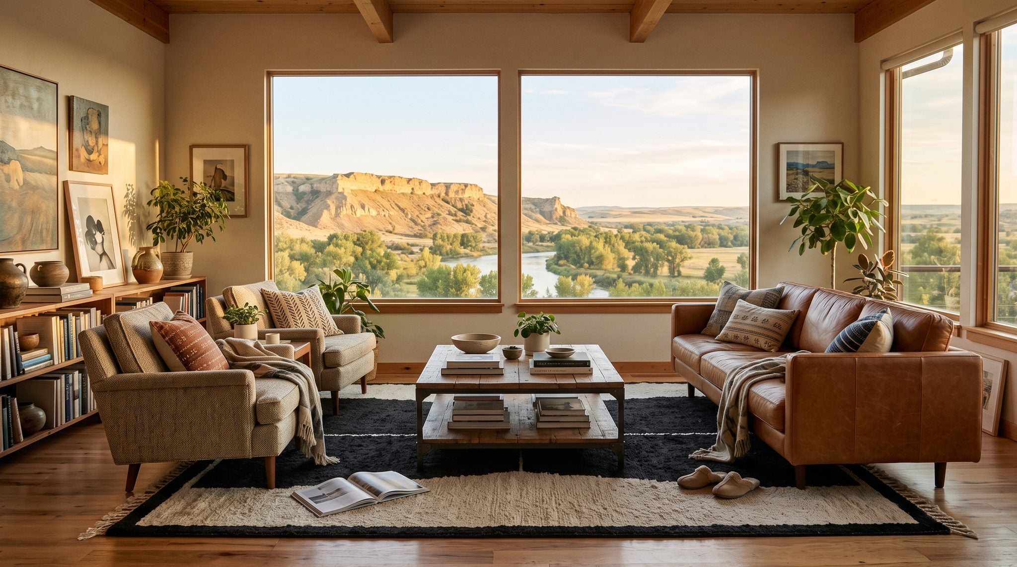 Sunlit living room window overlooking the golden Rimrocks and Yellowstone River valley near Billings, Montana