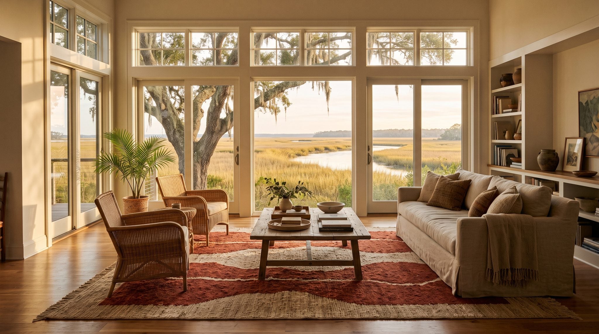 Sunlit room window overlooking a golden Lowcountry marsh and a live oak draped with Spanish moss near Hilton Head Island