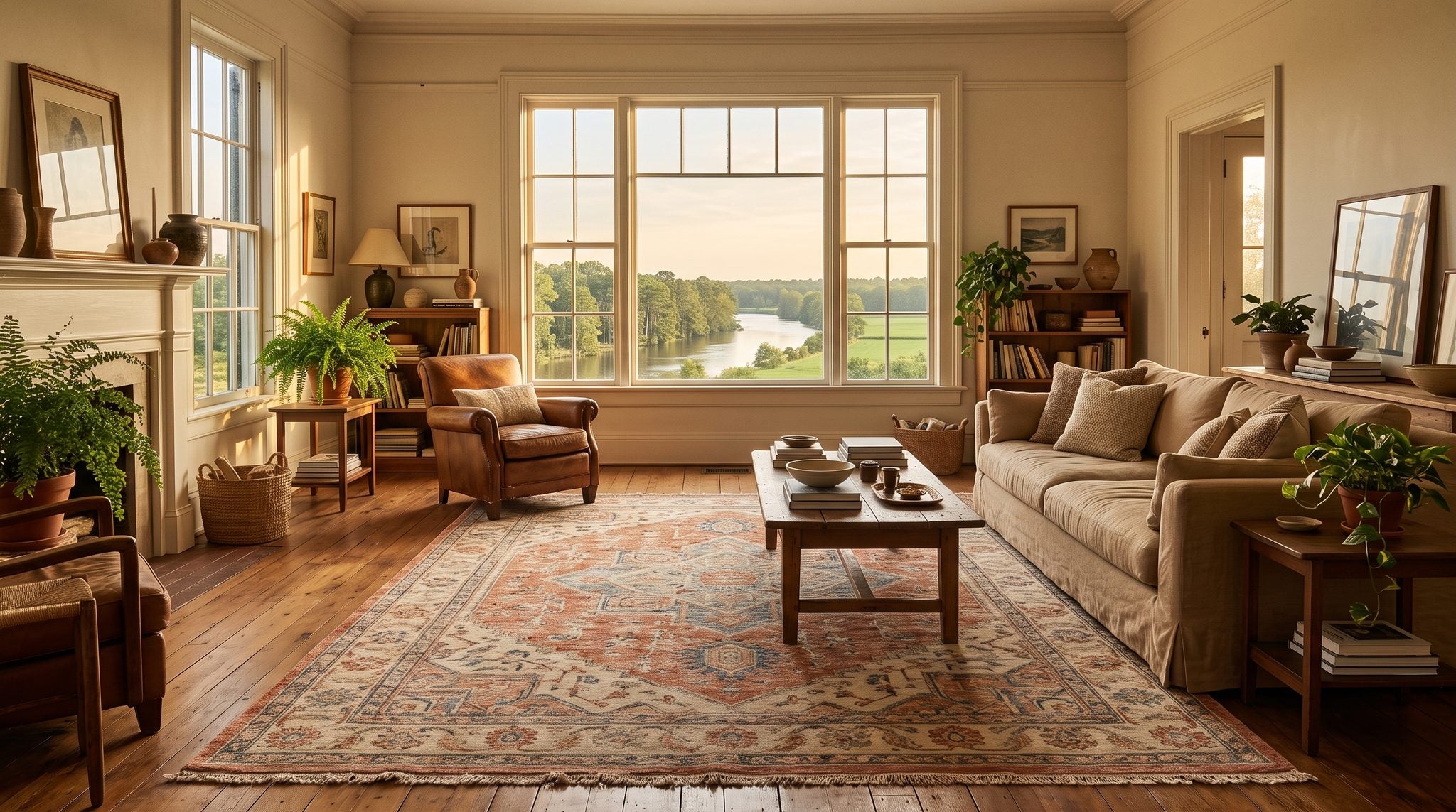 Sunlit window view of a river lined with trees and green fields on the eastern North Carolina coastal plain