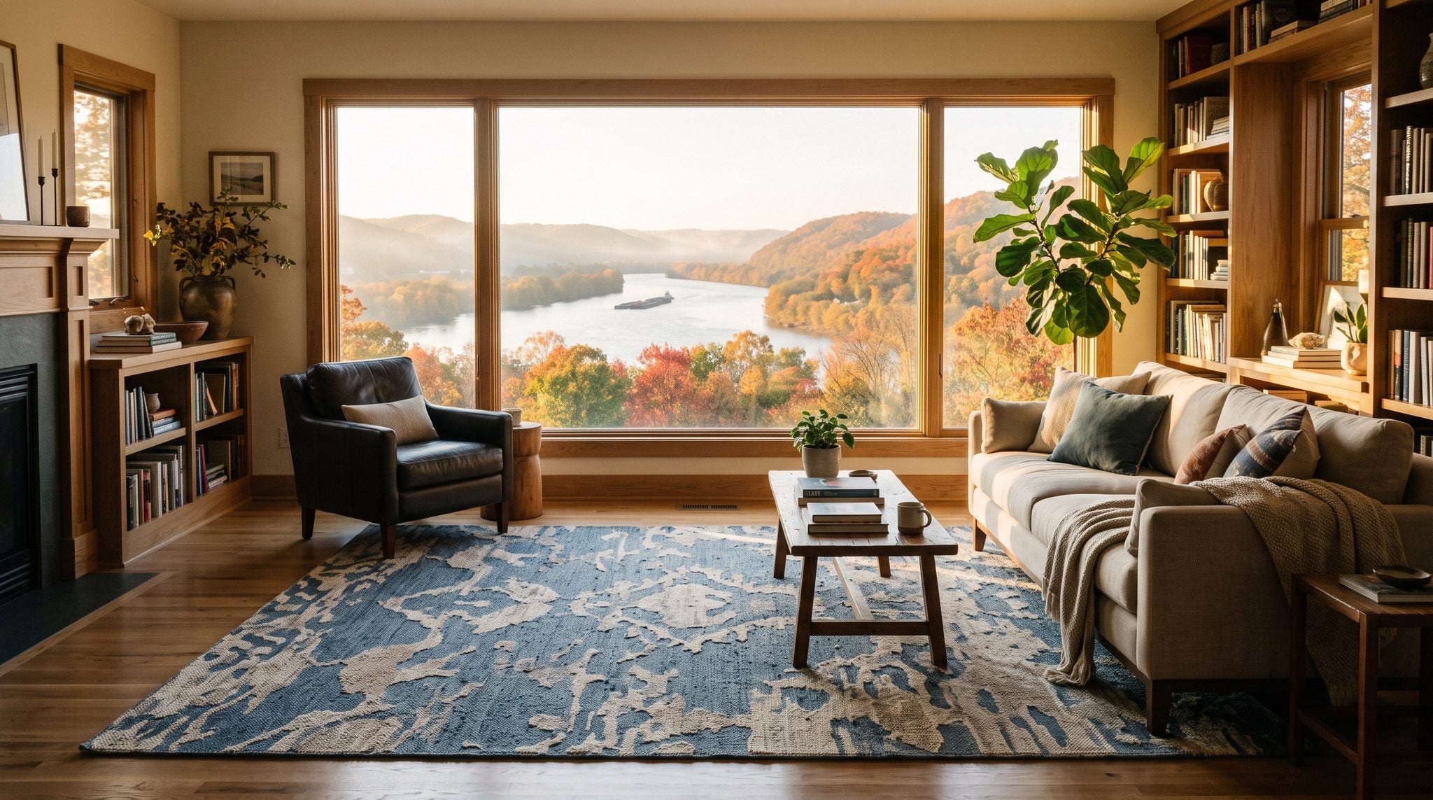 Sunlit room with a window looking out over the Ohio River and autumn-colored Appalachian foothills near Huntington