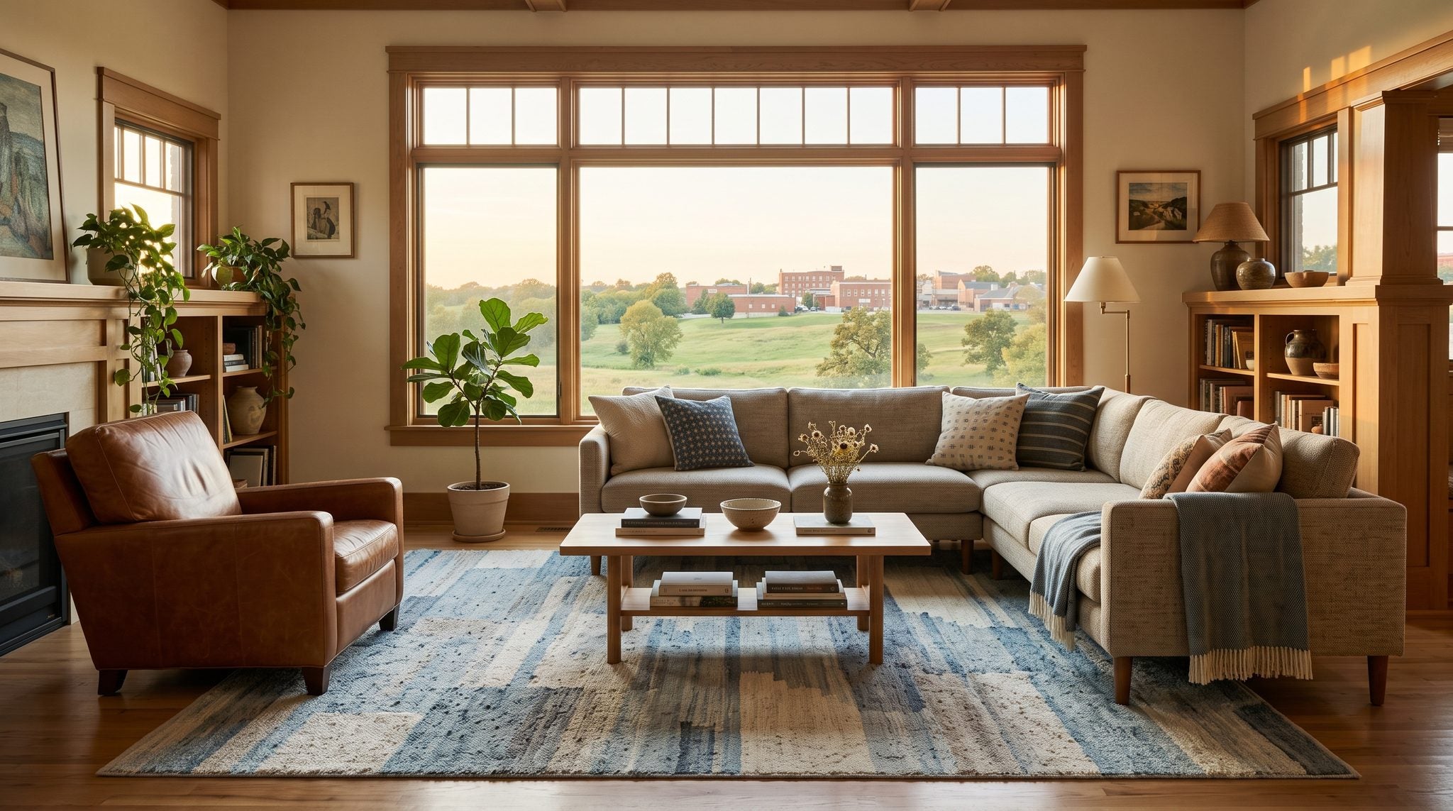 Sunlit living room window overlooking rolling Ozark foothills and prairie near Joplin, Missouri at golden hour
