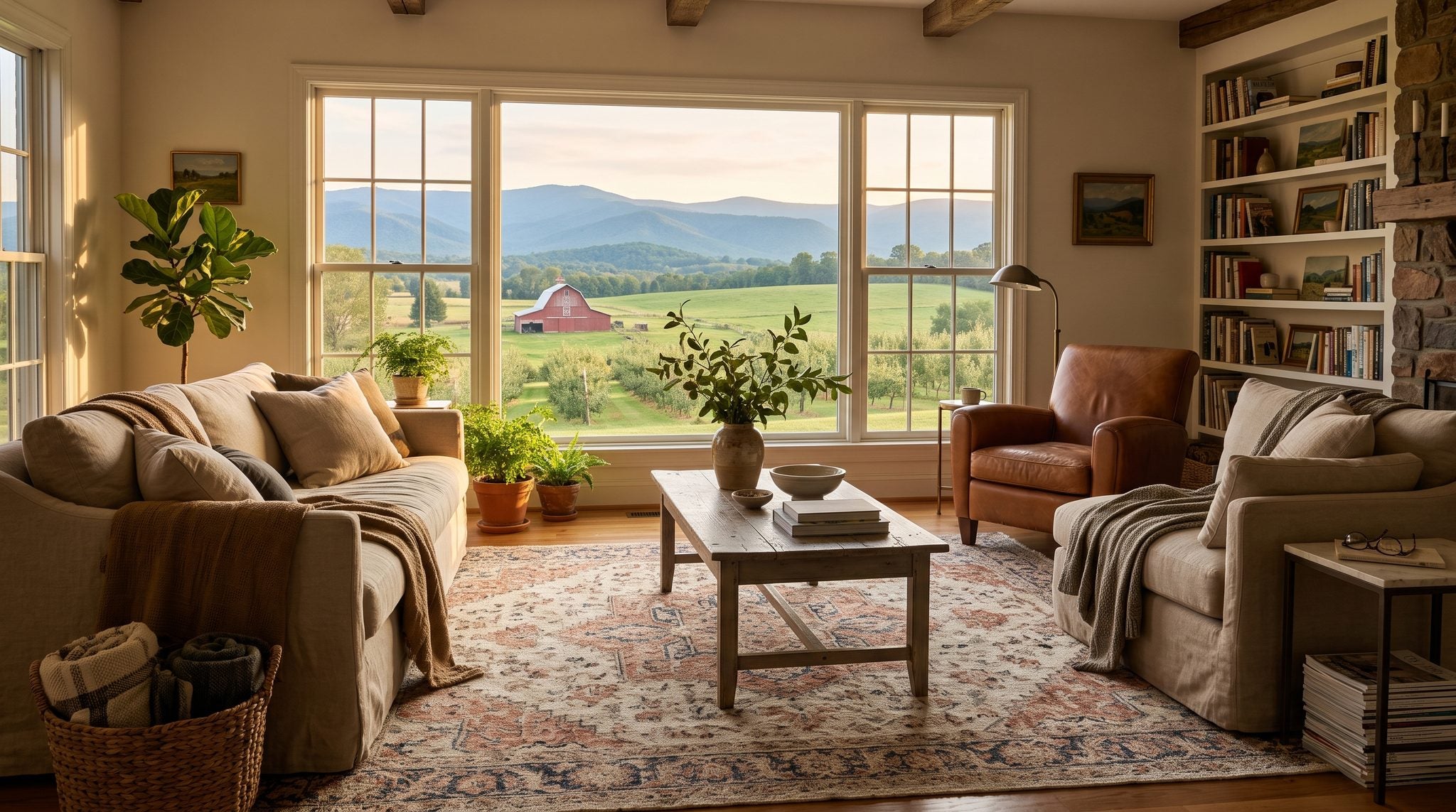 Sunlit room with a window overlooking Shenandoah Valley farmland and the Blue Ridge Mountains near Harrisonburg