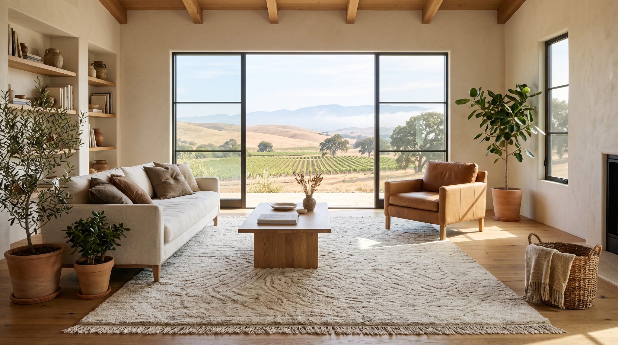 Sunlit room with a window view of golden vineyard hills and coastal mountains on the California Central Coast