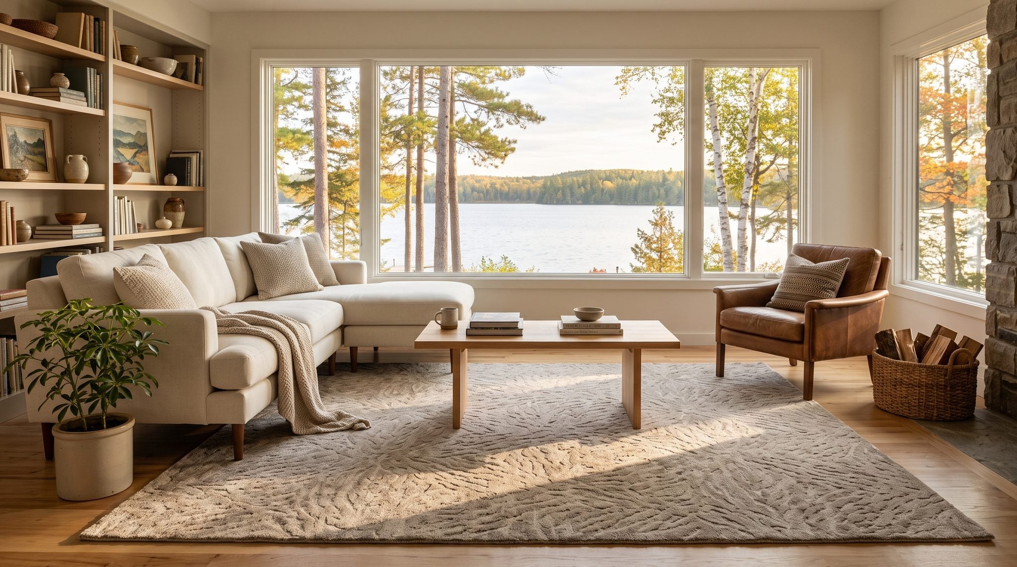 Sunlit living room window overlooking a pine-lined northern Minnesota lake in golden morning light