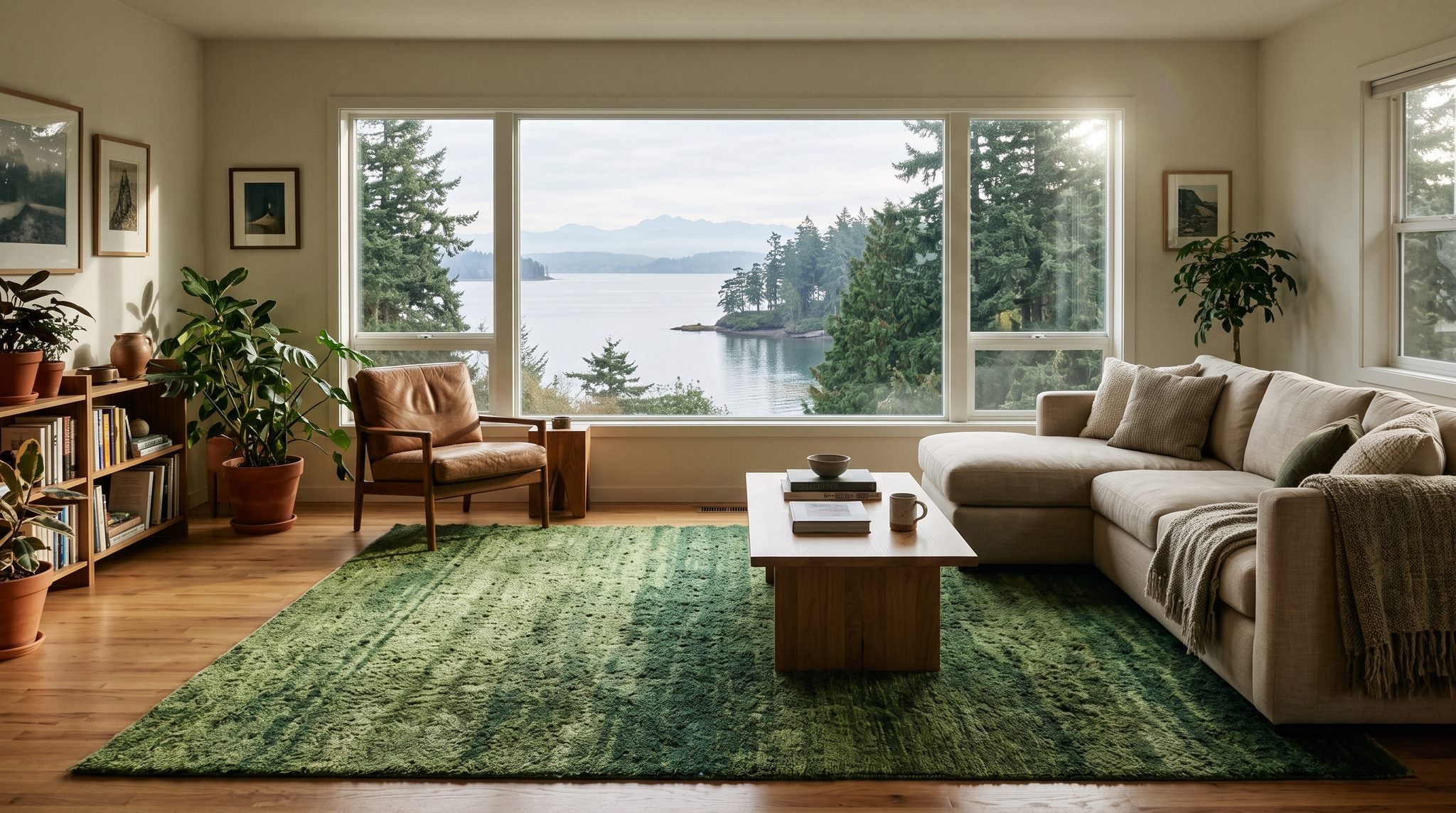 Sunlit living room window overlooking misty evergreen forest and calm Puget Sound waters near Olympia, Washington