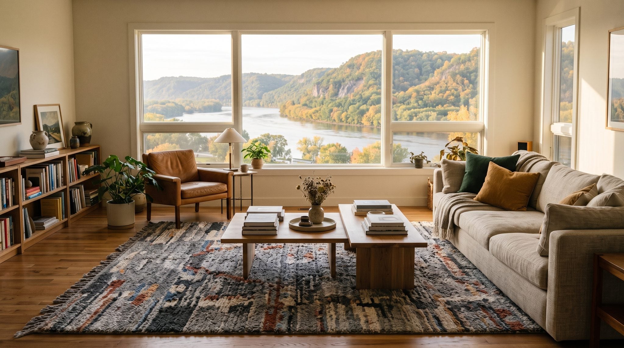 Sunlit living room window overlooking the Mississippi River valley and wooded bluffs near La Crosse in autumn light
