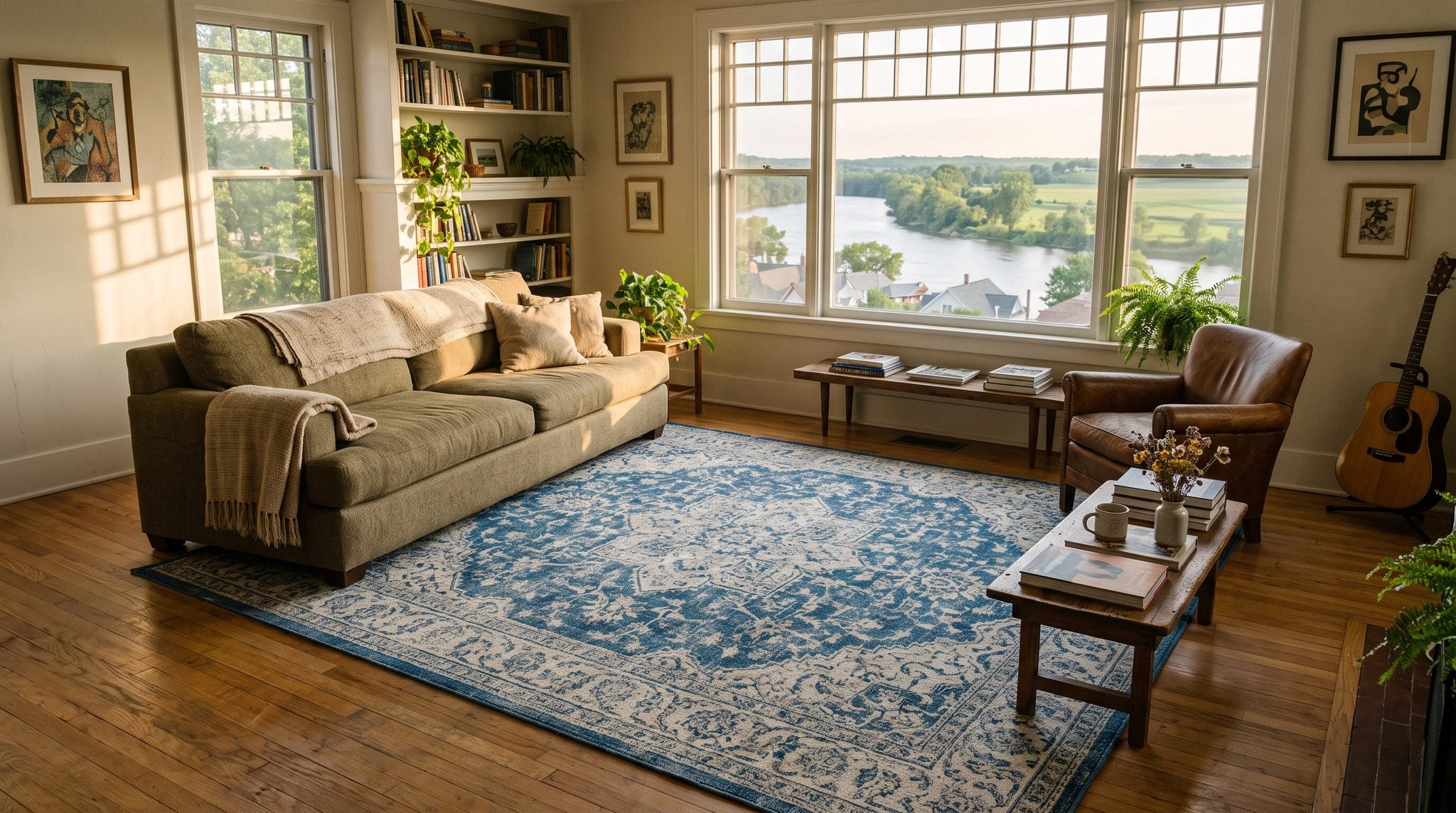 Sunlit room with a window overlooking the Rock River and open prairie fields near Dixon, Illinois