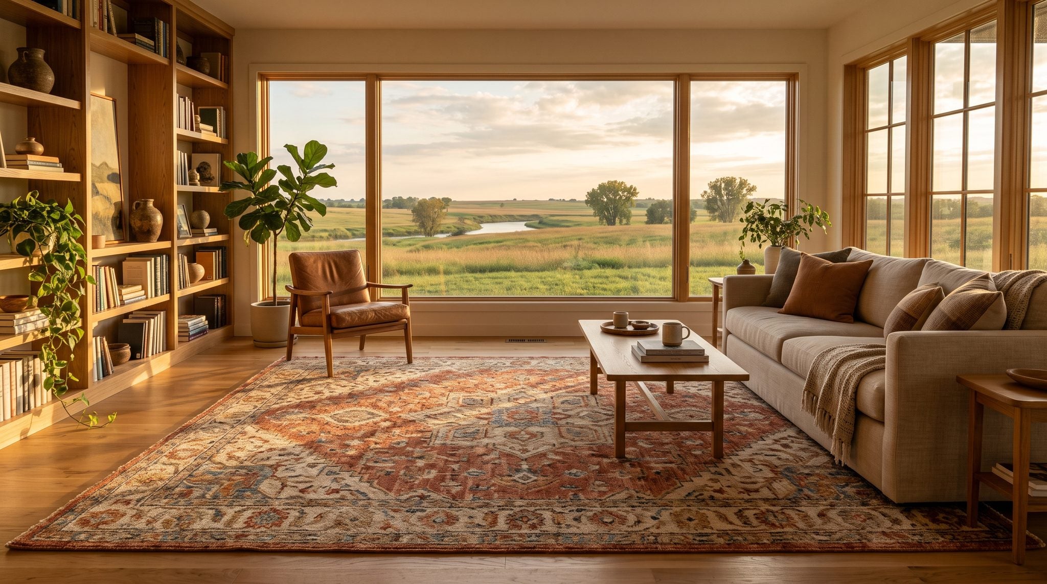 Sunlit living room window overlooking golden Kansas prairie fields and cottonwood trees near Topeka