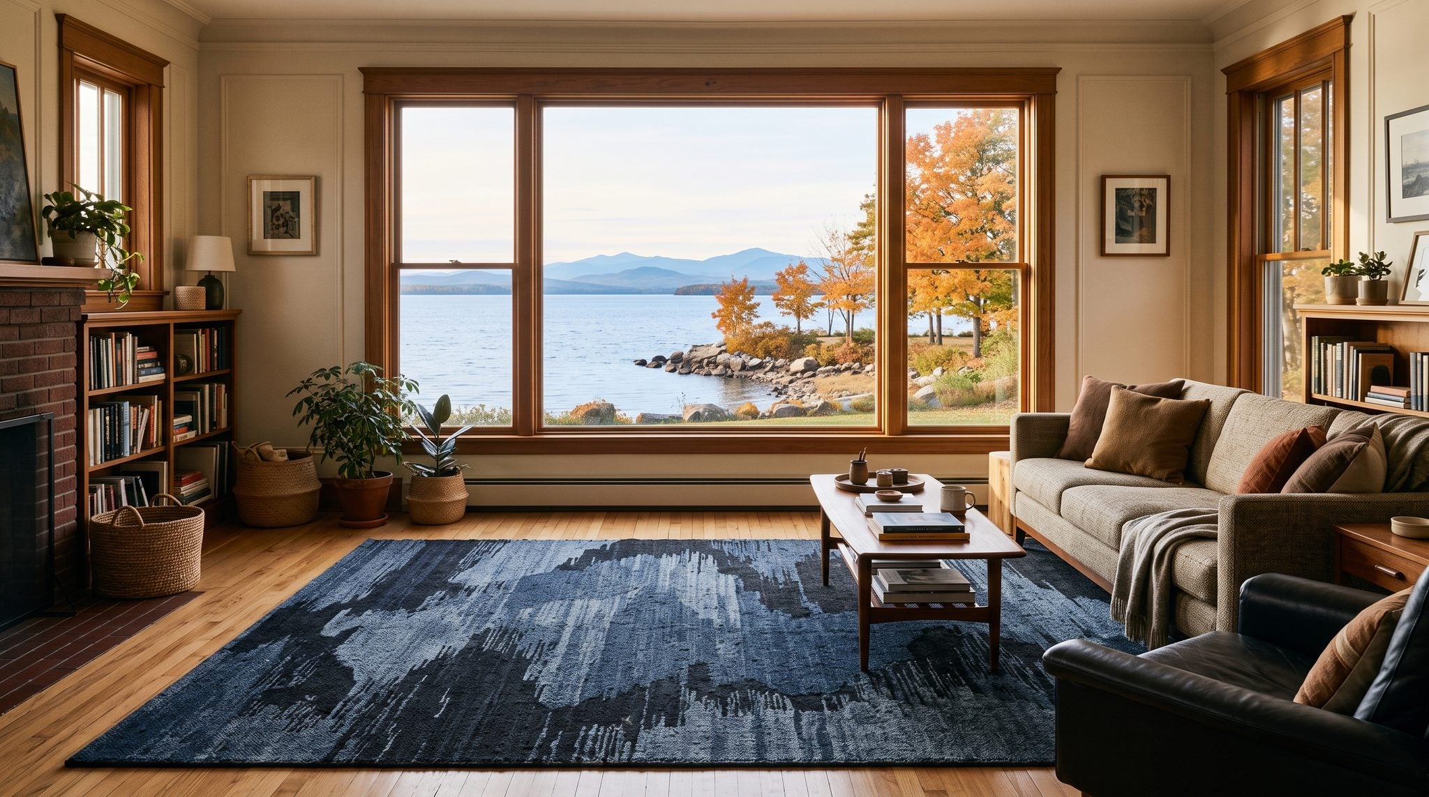 Sunlit window view of Lake Champlain with autumn trees and distant Adirondack mountains near Plattsburgh