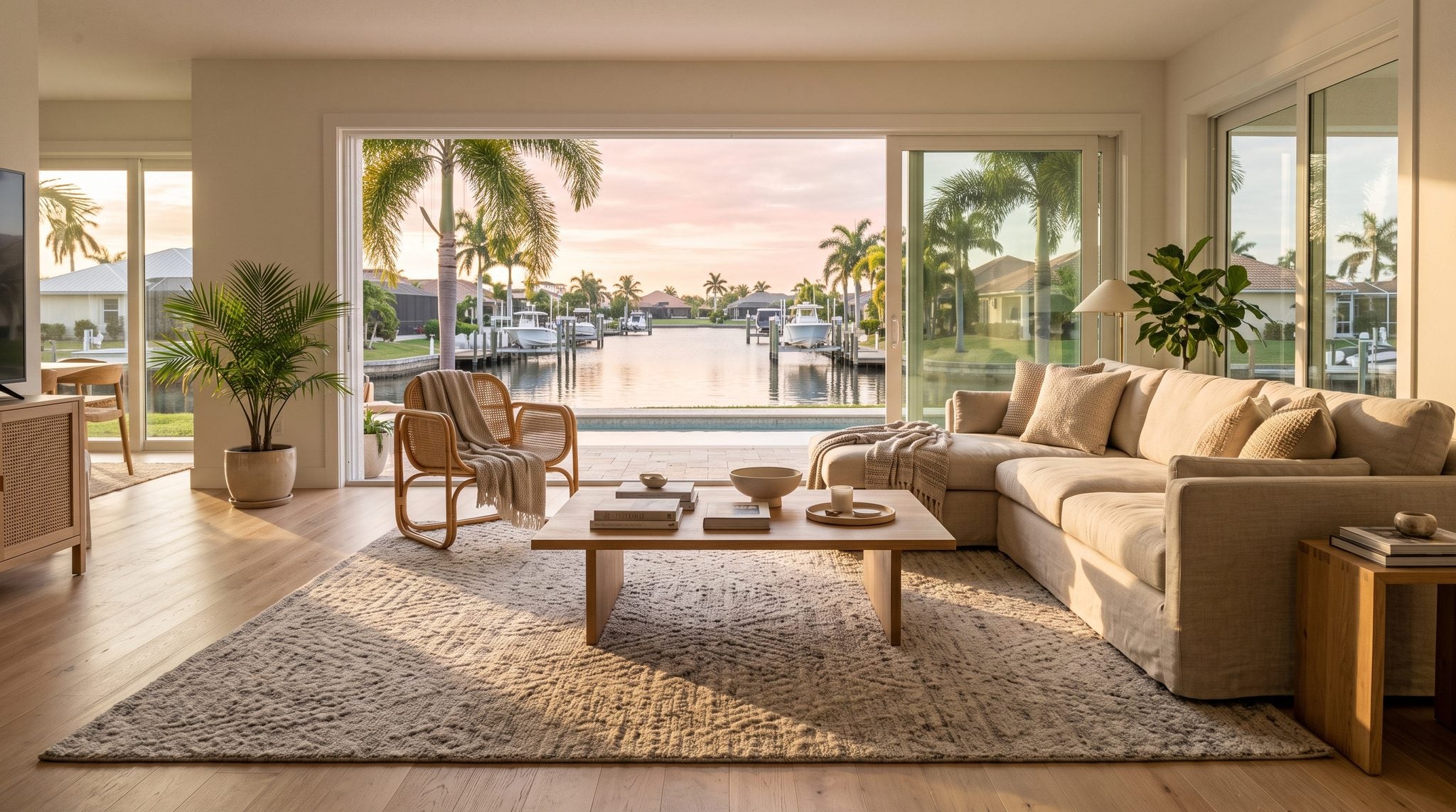 Sunlit living room window overlooking a Cape Coral canal with palm trees and boats at golden hour