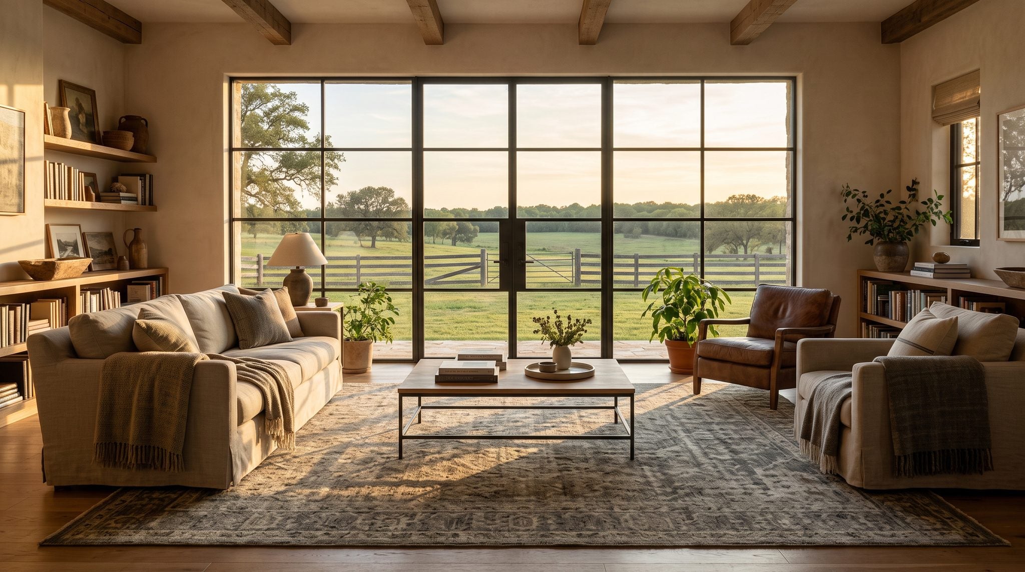 Sunlit living room window overlooking green Northeast Texas pastureland, wooden fence and oak trees in golden evening light