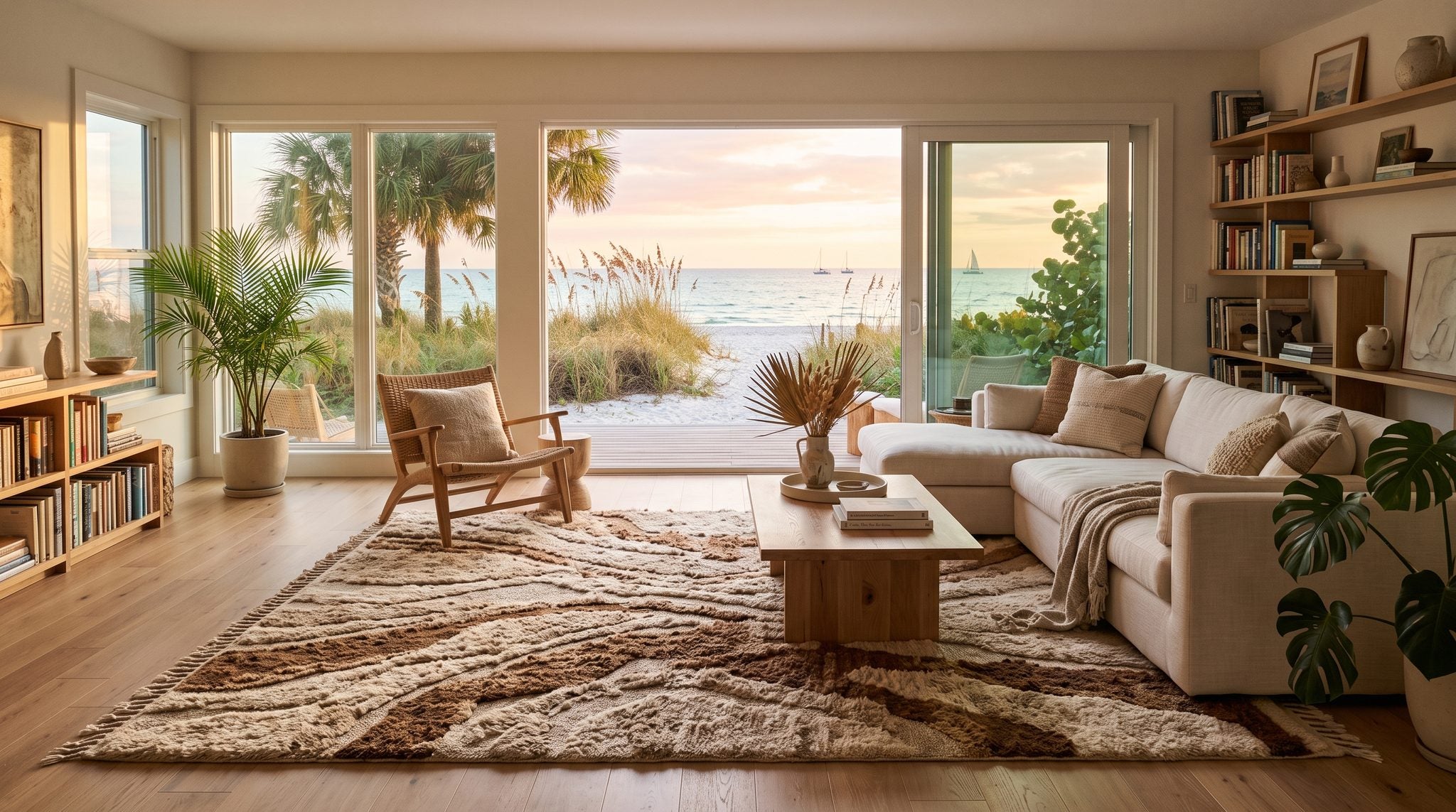 Sunlit living room window overlooking a Florida Gulf Coast beach with palm trees and calm water at sunset