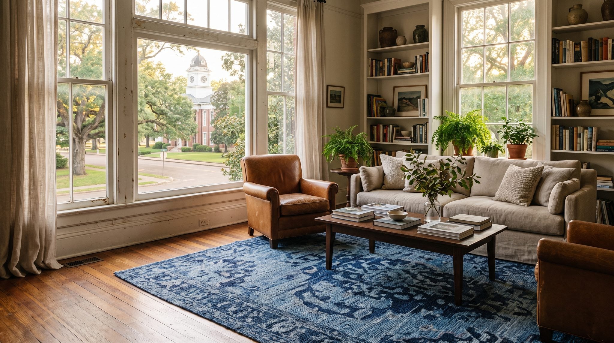 Sunlit room with a window view of magnolia and oak trees and a historic brick courthouse in Oxford, Mississippi