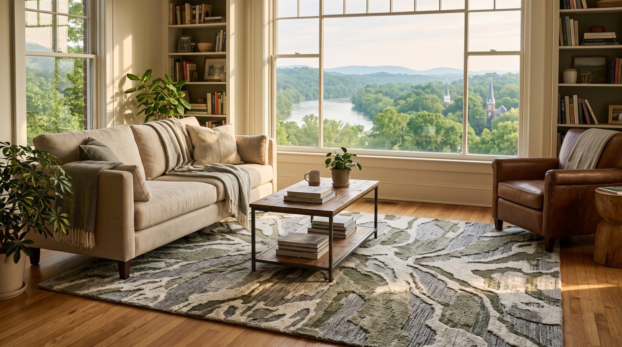 Sunlit window view of green foothills and a winding river valley near Rome, Georgia