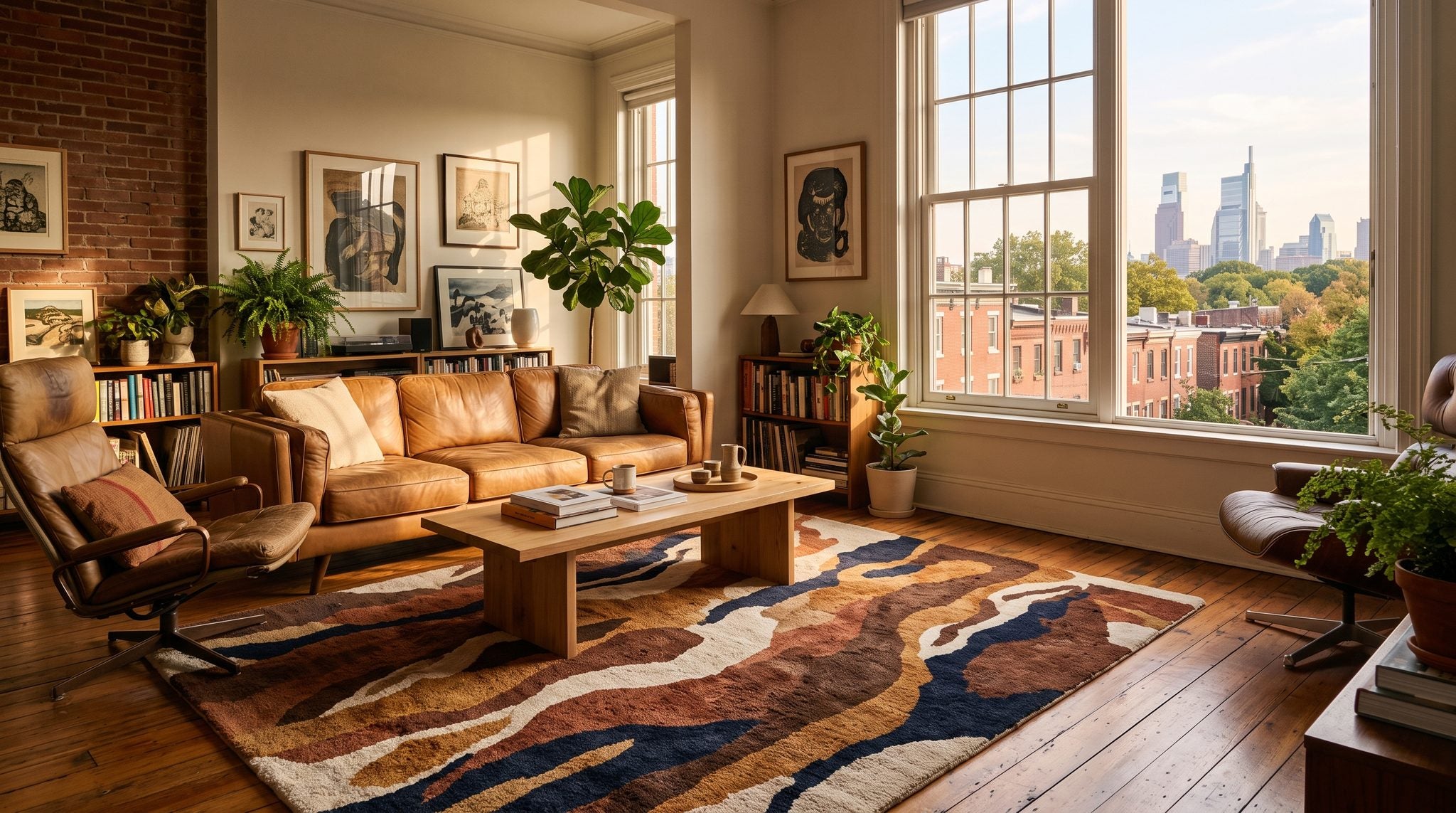 Sunlit living room window overlooking Philadelphia brick rowhouses, park trees and the distant city skyline
