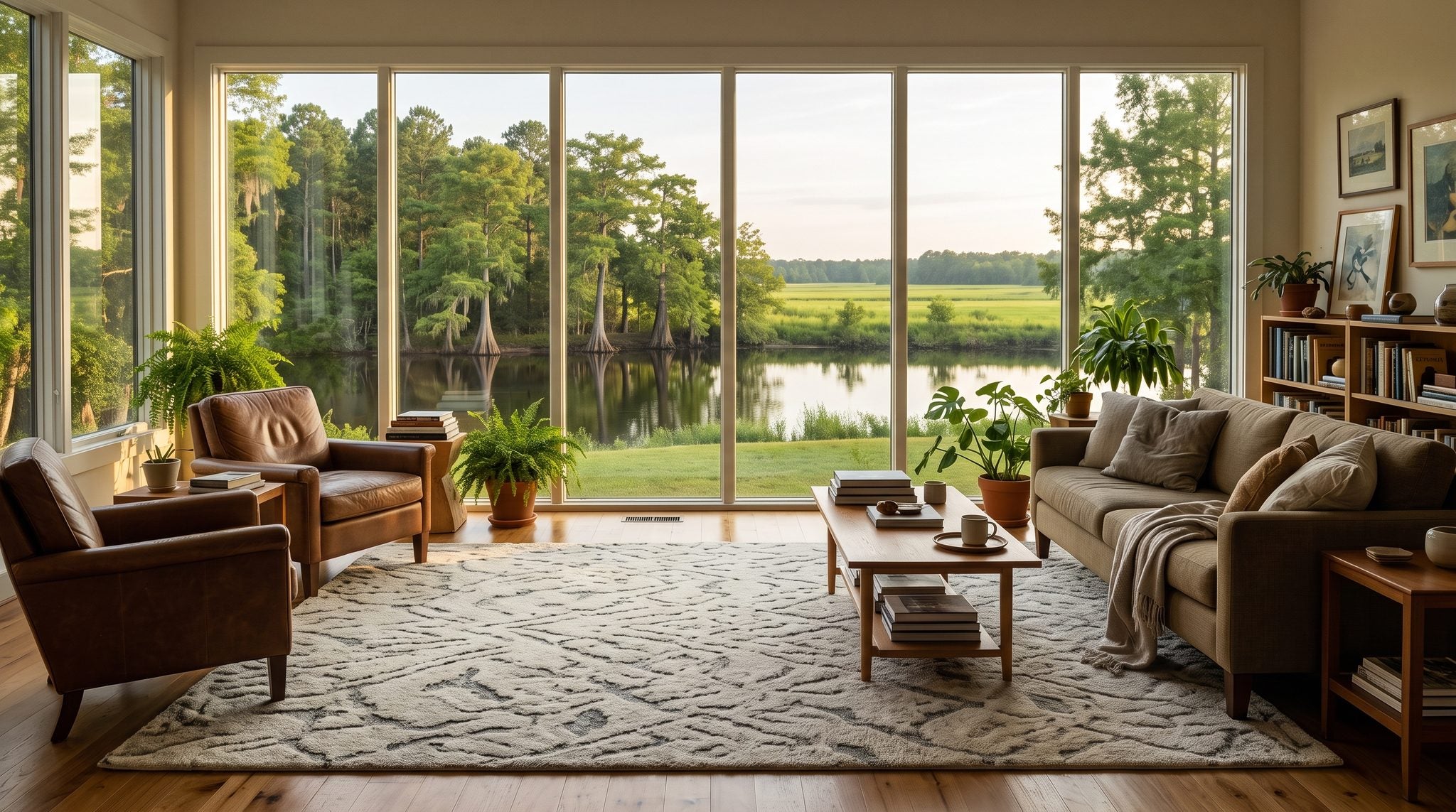Sunlit window view of a quiet blackwater river lined with cypress trees and green fields in southeastern North Carolina