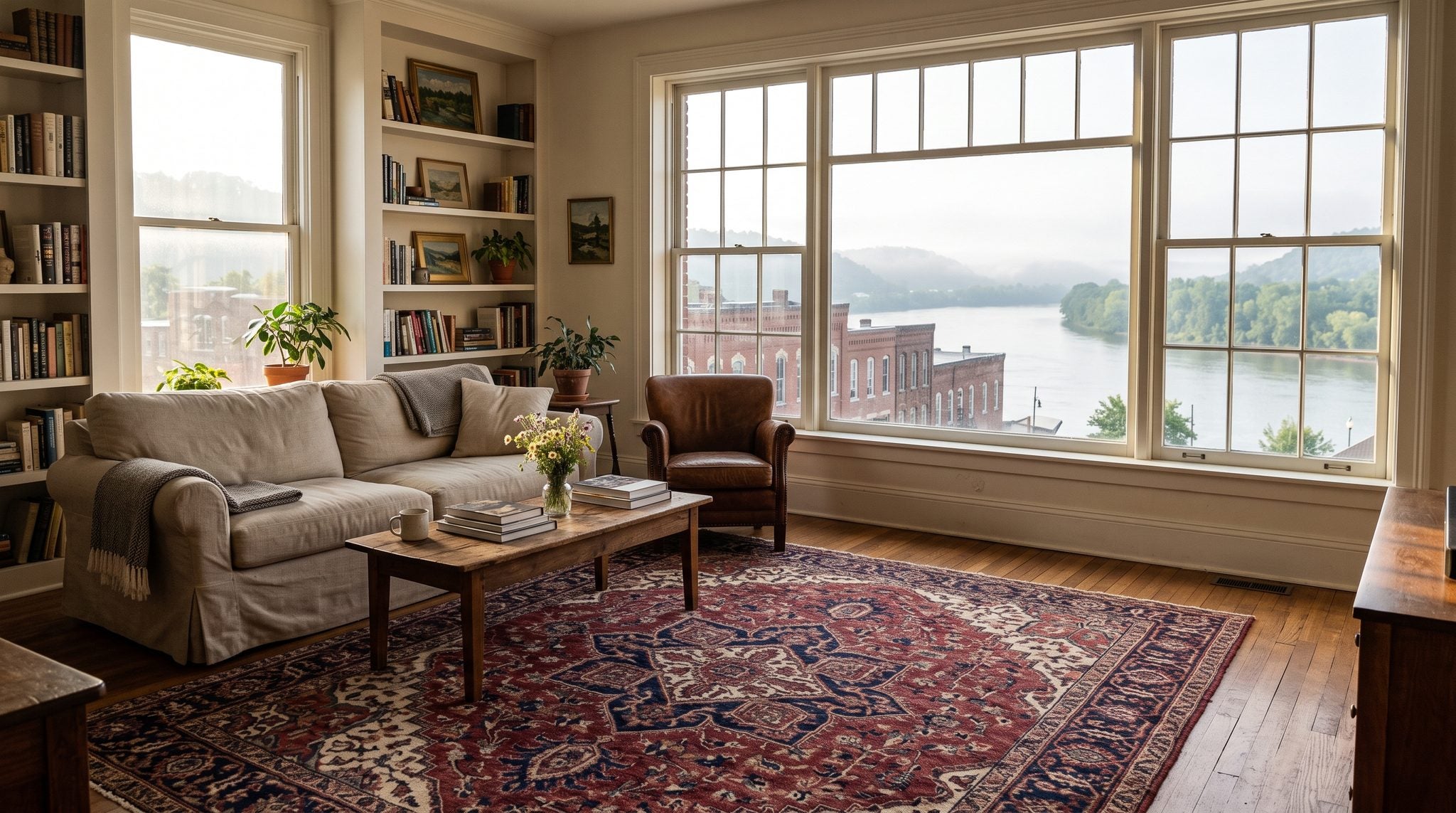 Sunlit room window overlooking the Ohio River and green Kentucky hills near Maysville