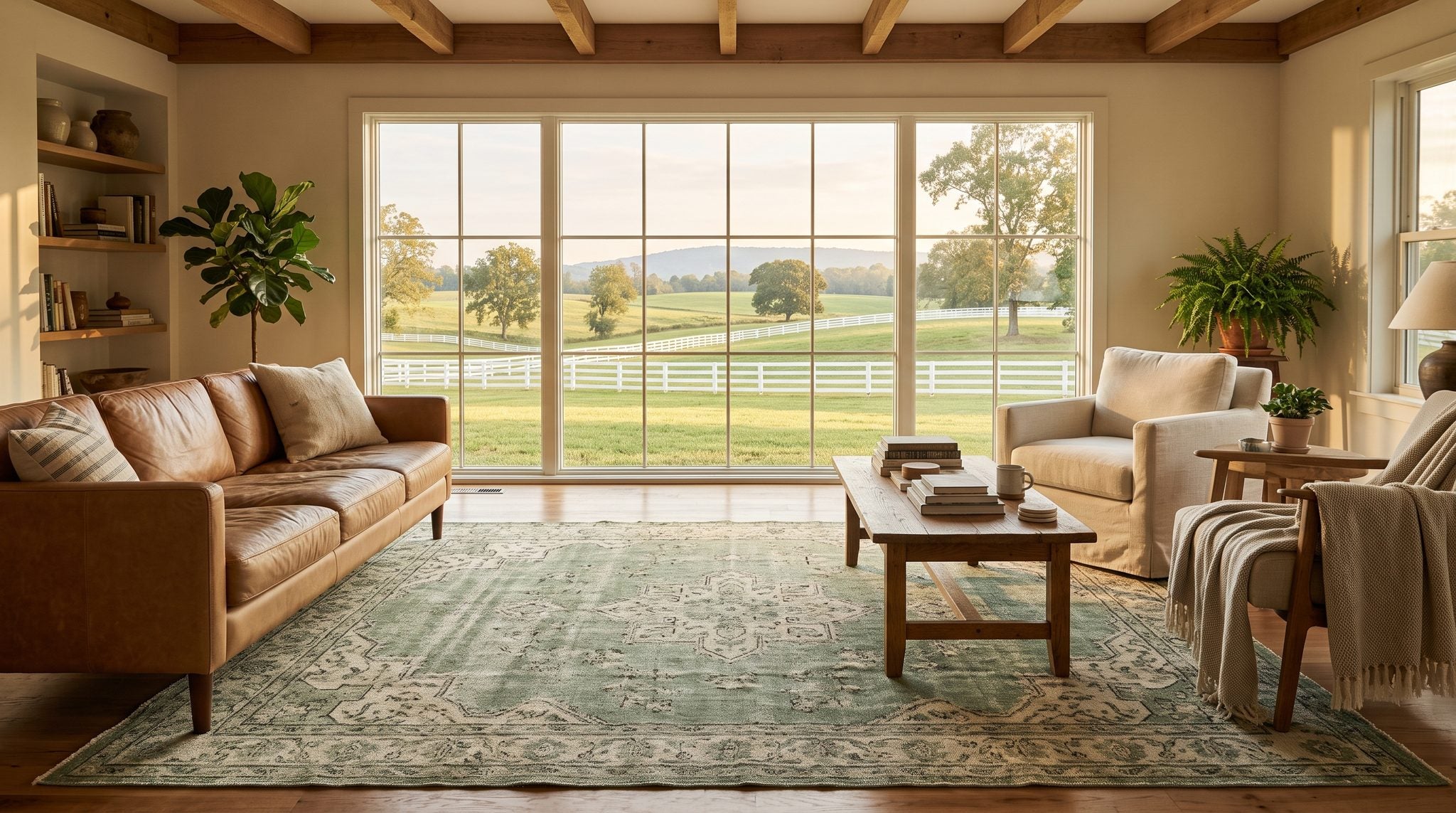 Sunlit room with a window overlooking green rolling pastures and white fences in Shelbyville, Tennessee