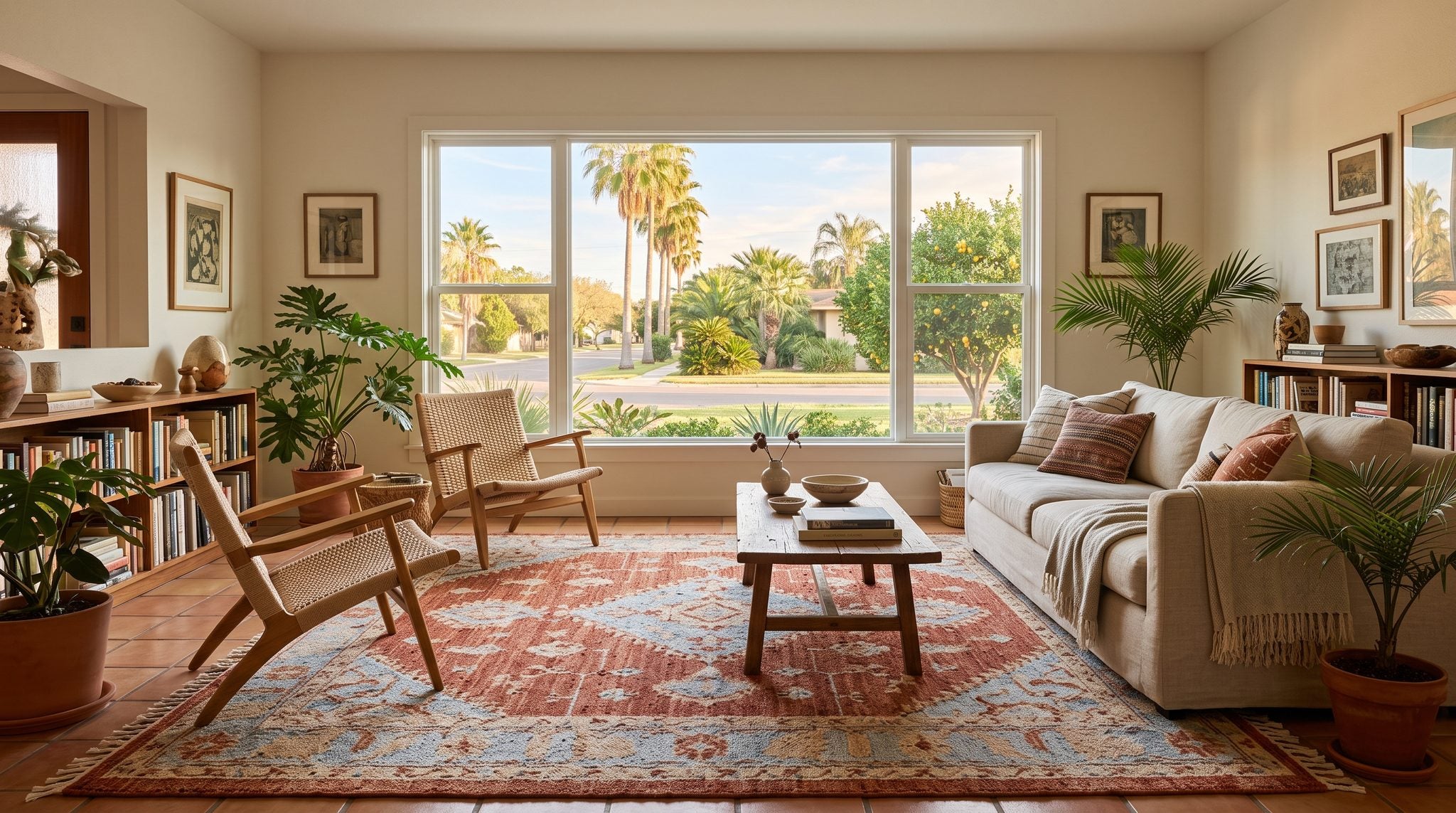Sunlit room with a window looking out on palm trees and green gardens under a bright blue South Texas sky