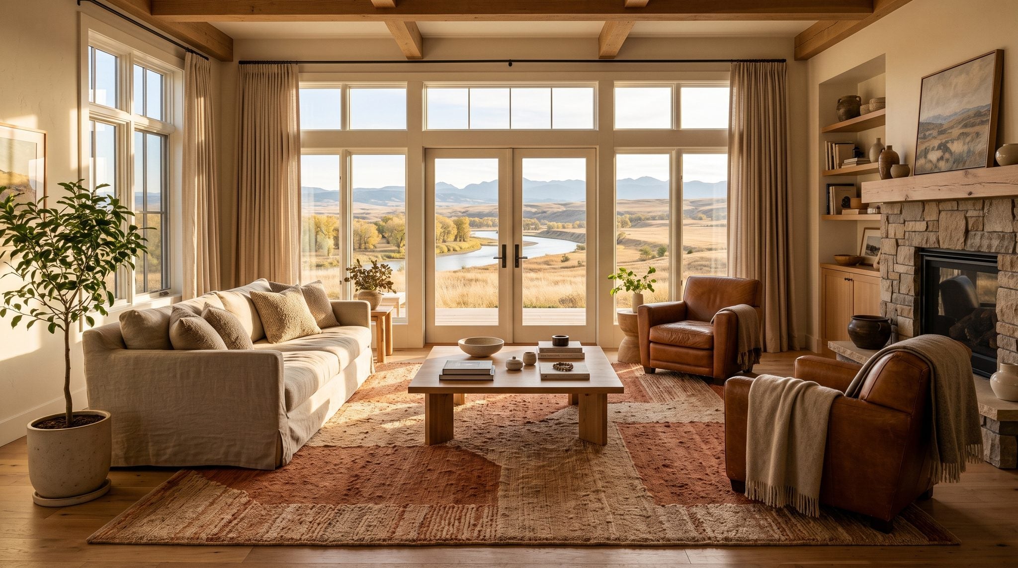 Sunlit room with a window overlooking the Missouri River and golden Montana prairie, with distant mountains under a big sky