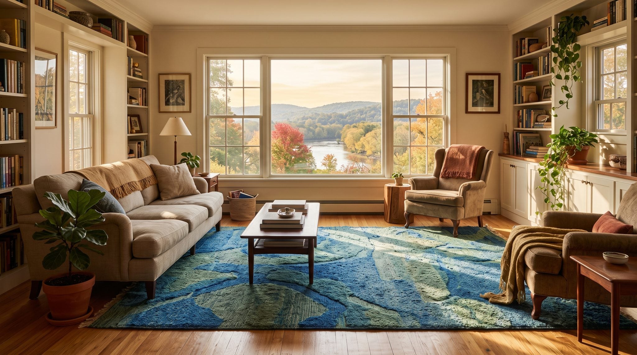 Sunlit room with a window overlooking autumn trees and rolling hills along the Connecticut River near Hartford