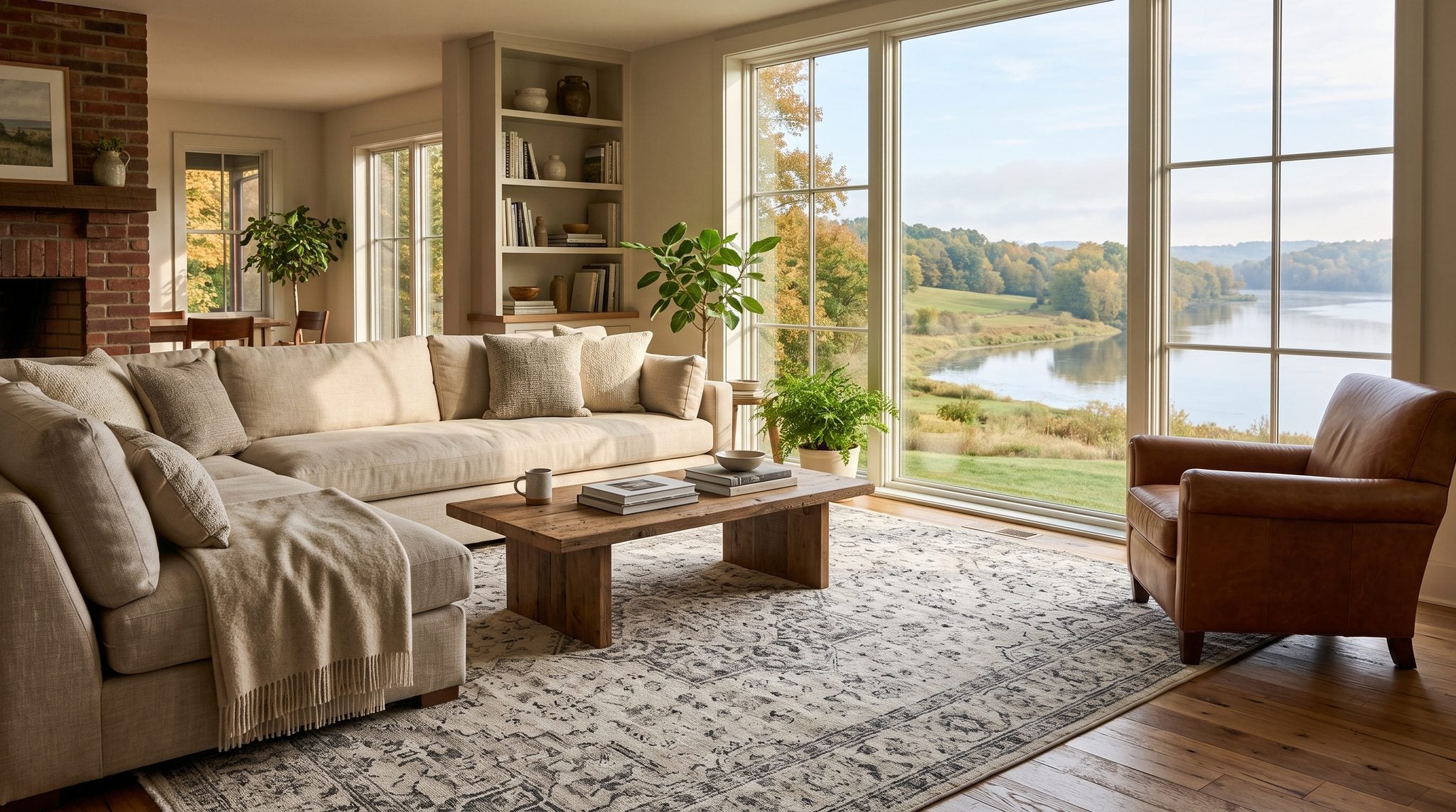 Sunlit living room window overlooking a calm Wisconsin lake, rolling hills and golden autumn trees