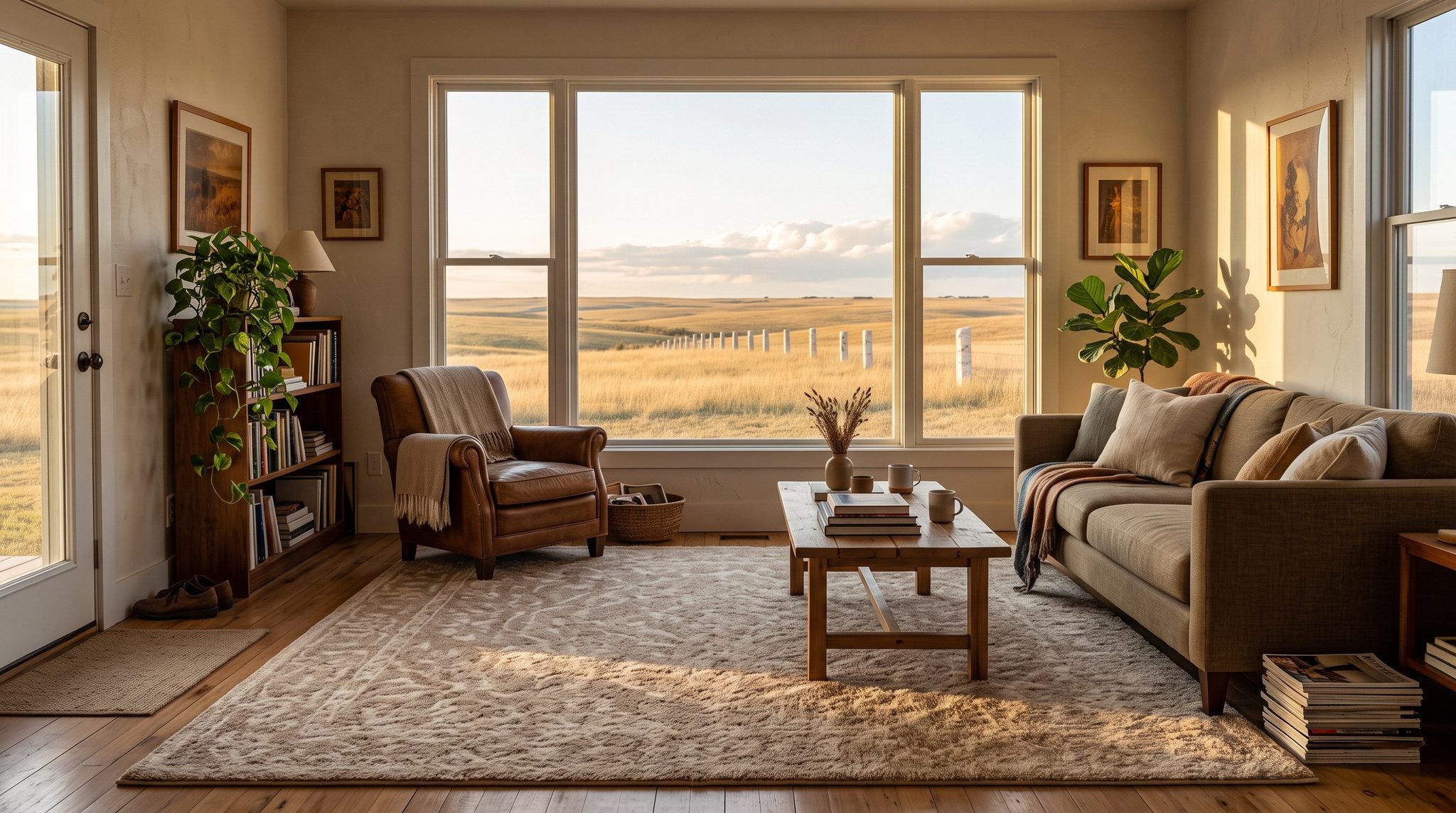Sunlit living room window overlooking golden Kansas prairie and limestone fence posts under a big sky