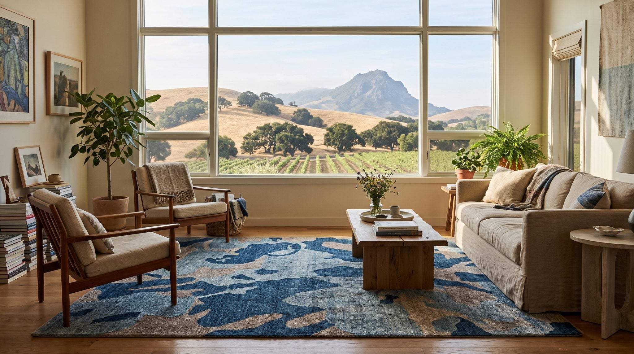 Sunlit room window looking out on golden oak-dotted hills and a distant peak on the California Central Coast